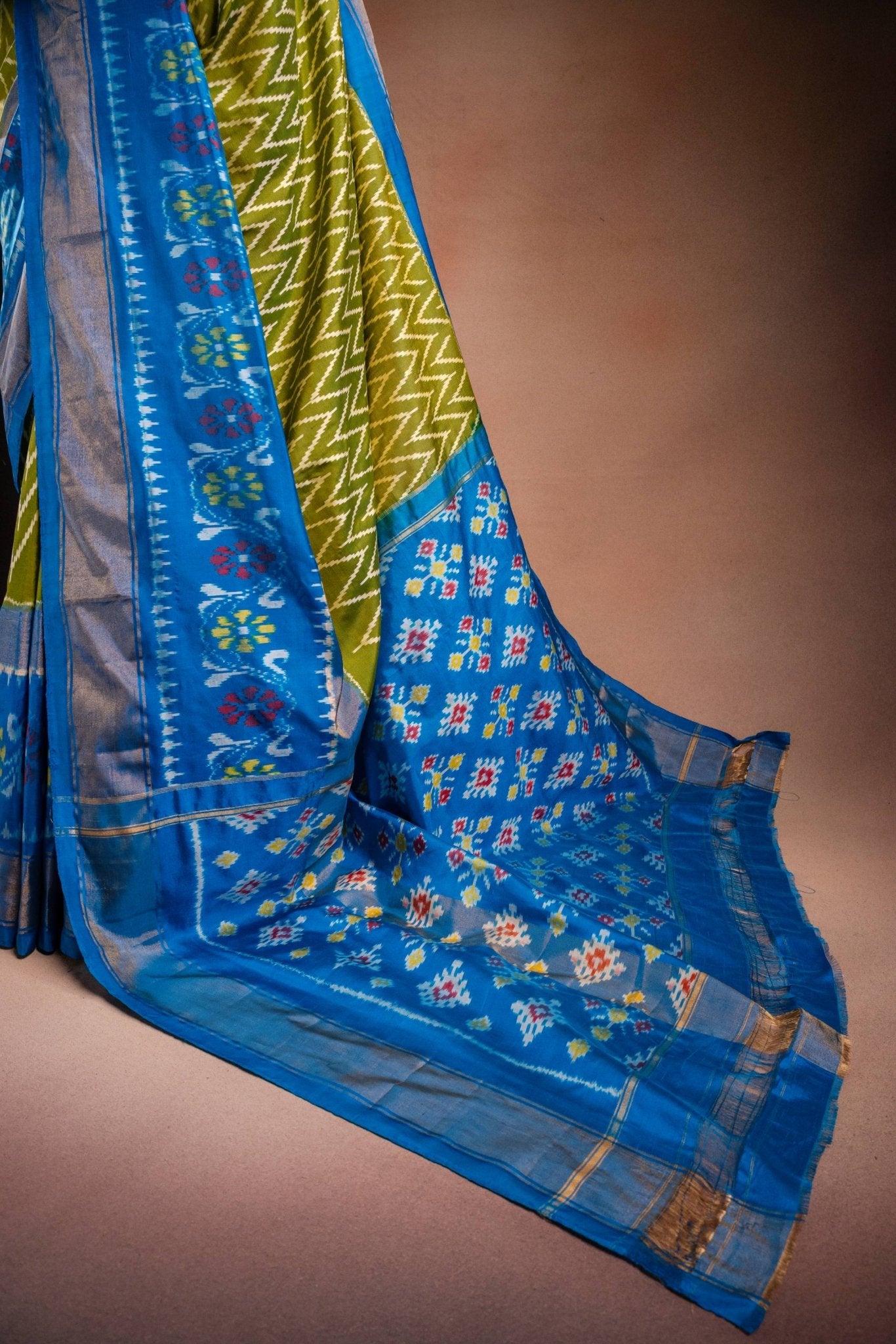 Green Pochampally Silk Saree with Blue Border - That Saree Shop