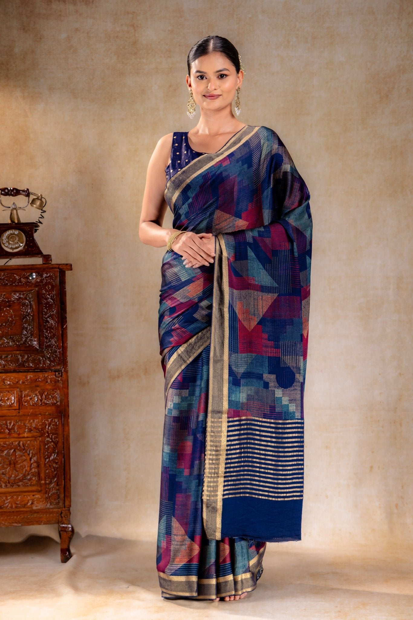 Ink Blue Geometric Print Satin Saree with Gold Zari Border - That Saree Shop