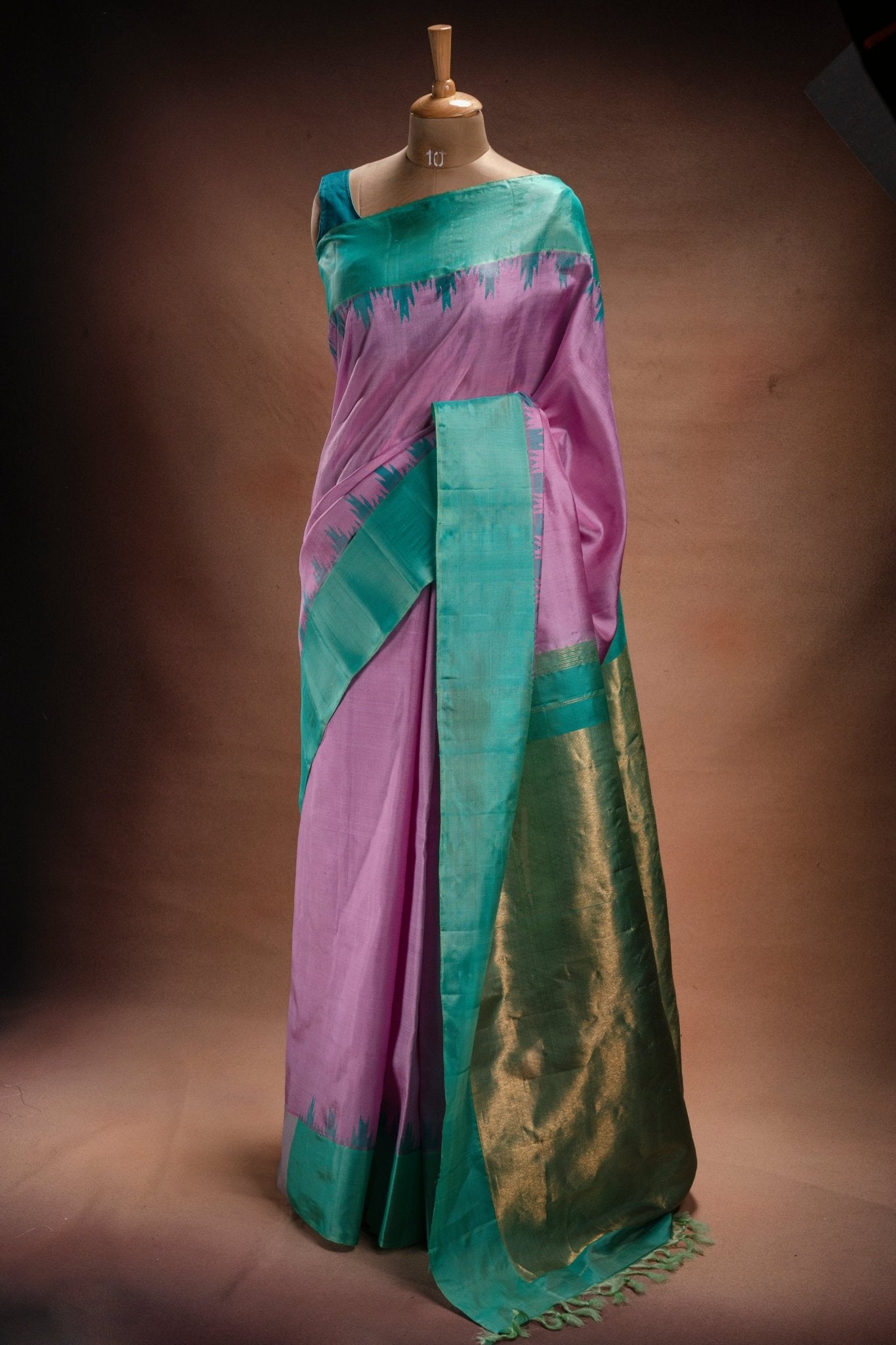 Light onion and Teal Gadwal Silk Saree with Contrast Border - That Saree Shop