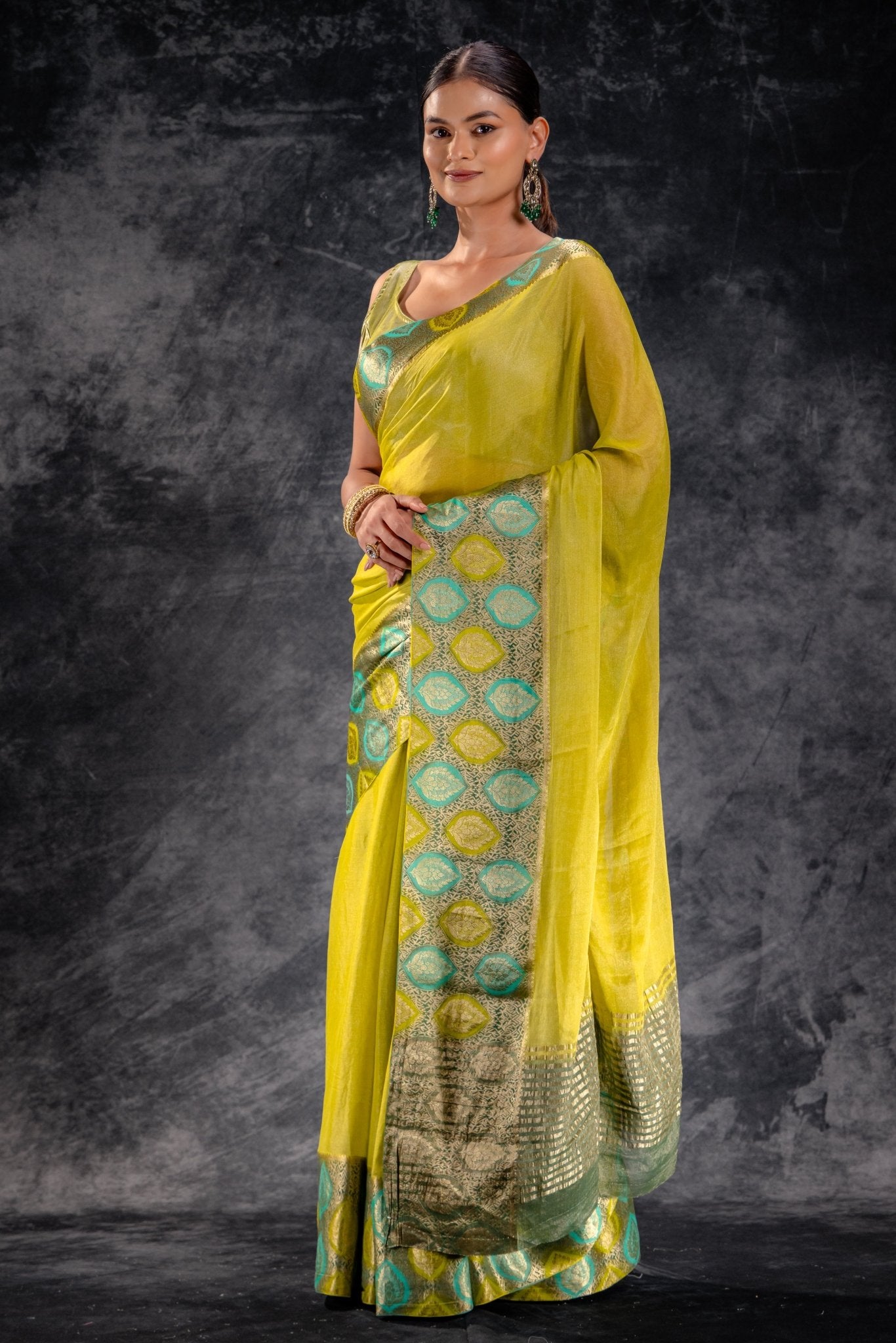 Lime Bloom Tissue Saree with Aqua - Gold Leaf Zari Border - That Saree Shop