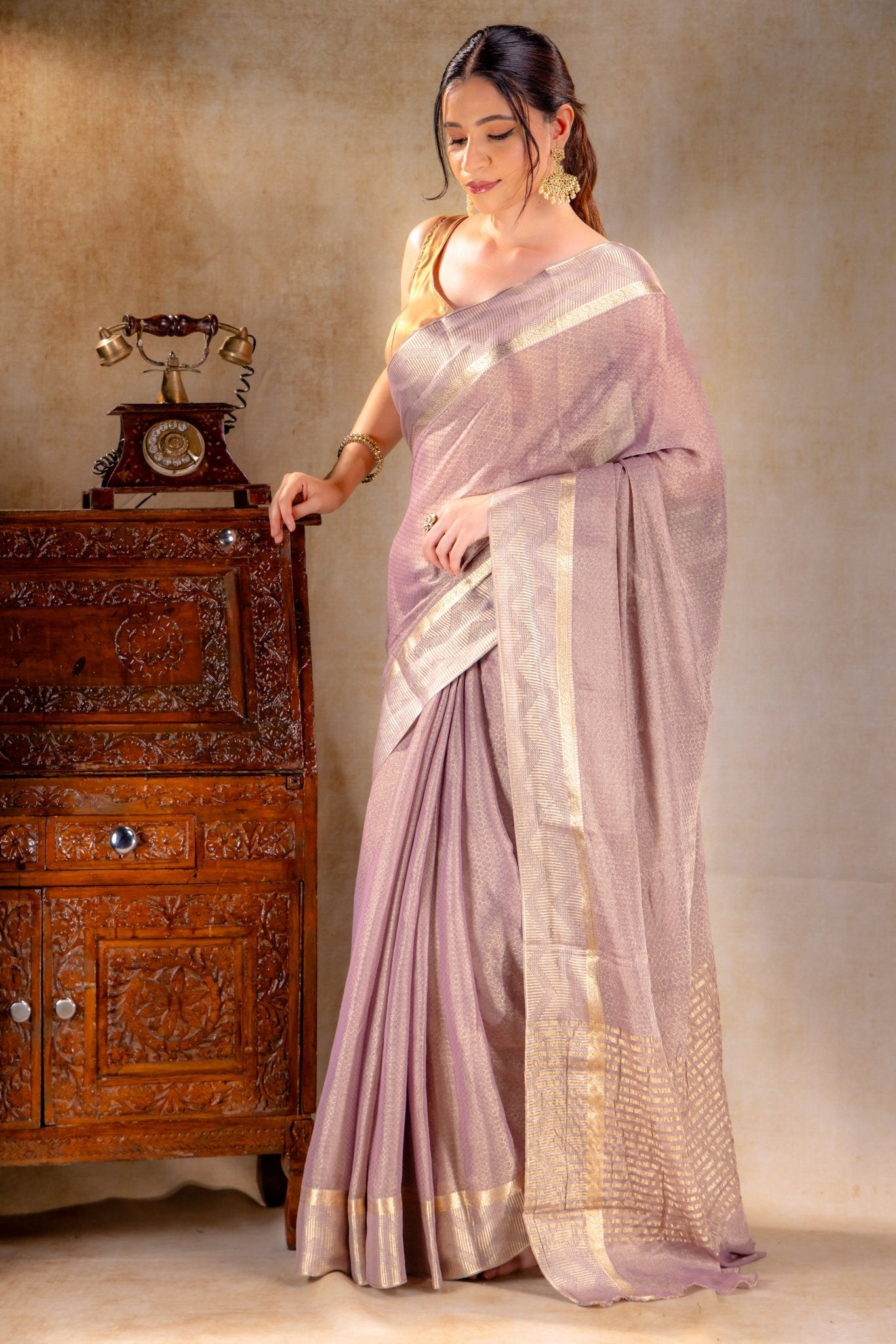 Mauve Honeycomb Textured Weave Tissue Saree with Zigzag Border - That Saree Shop
