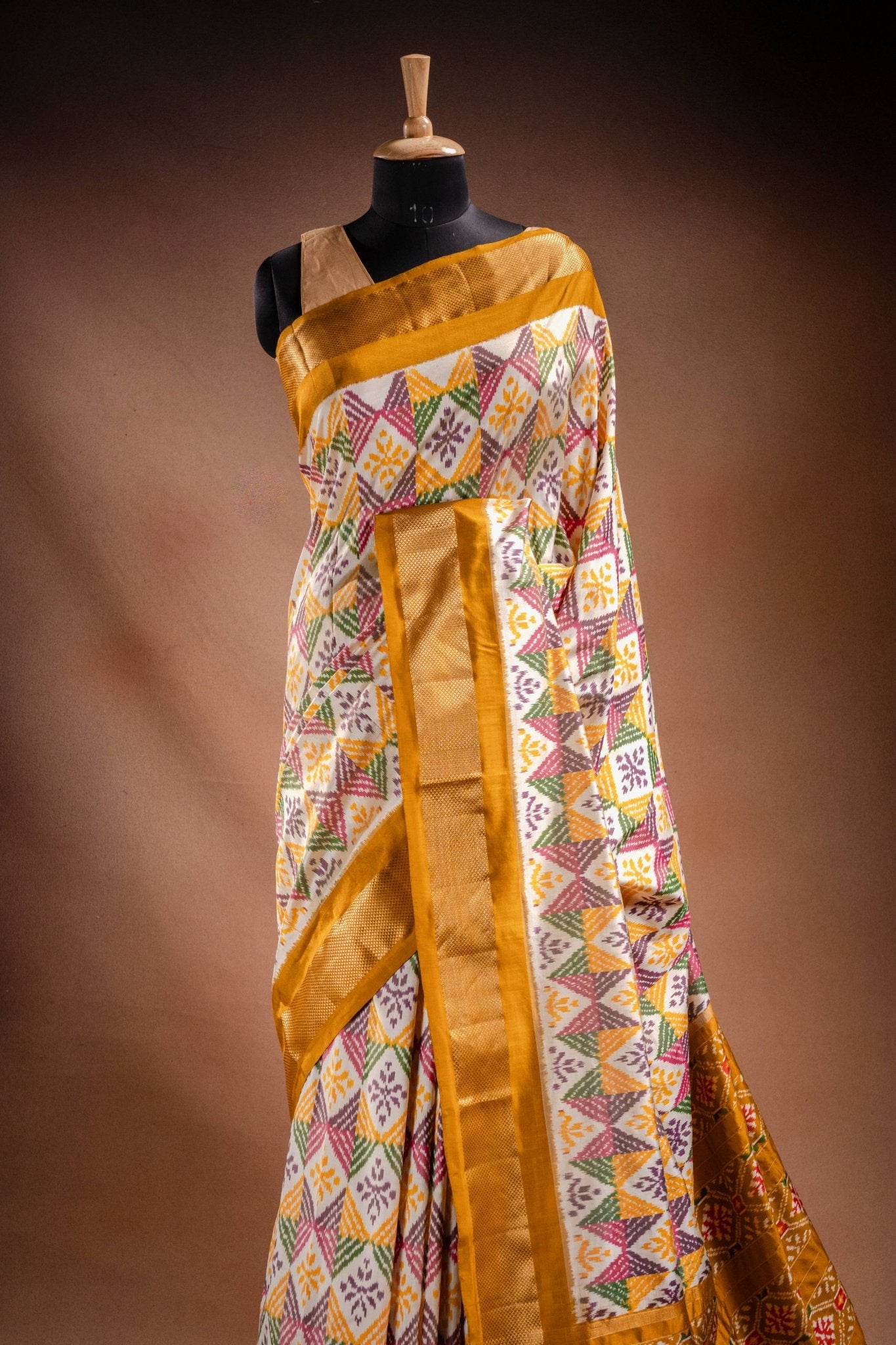 Multicolor Pochampally Saree with Mustard Border - That Saree Shop
