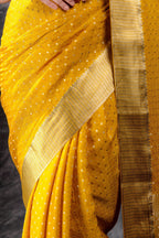 Mustard Yellow Crepe Saree with Silver Zari Buttas and Floral Jaal Texture - That Saree Shop