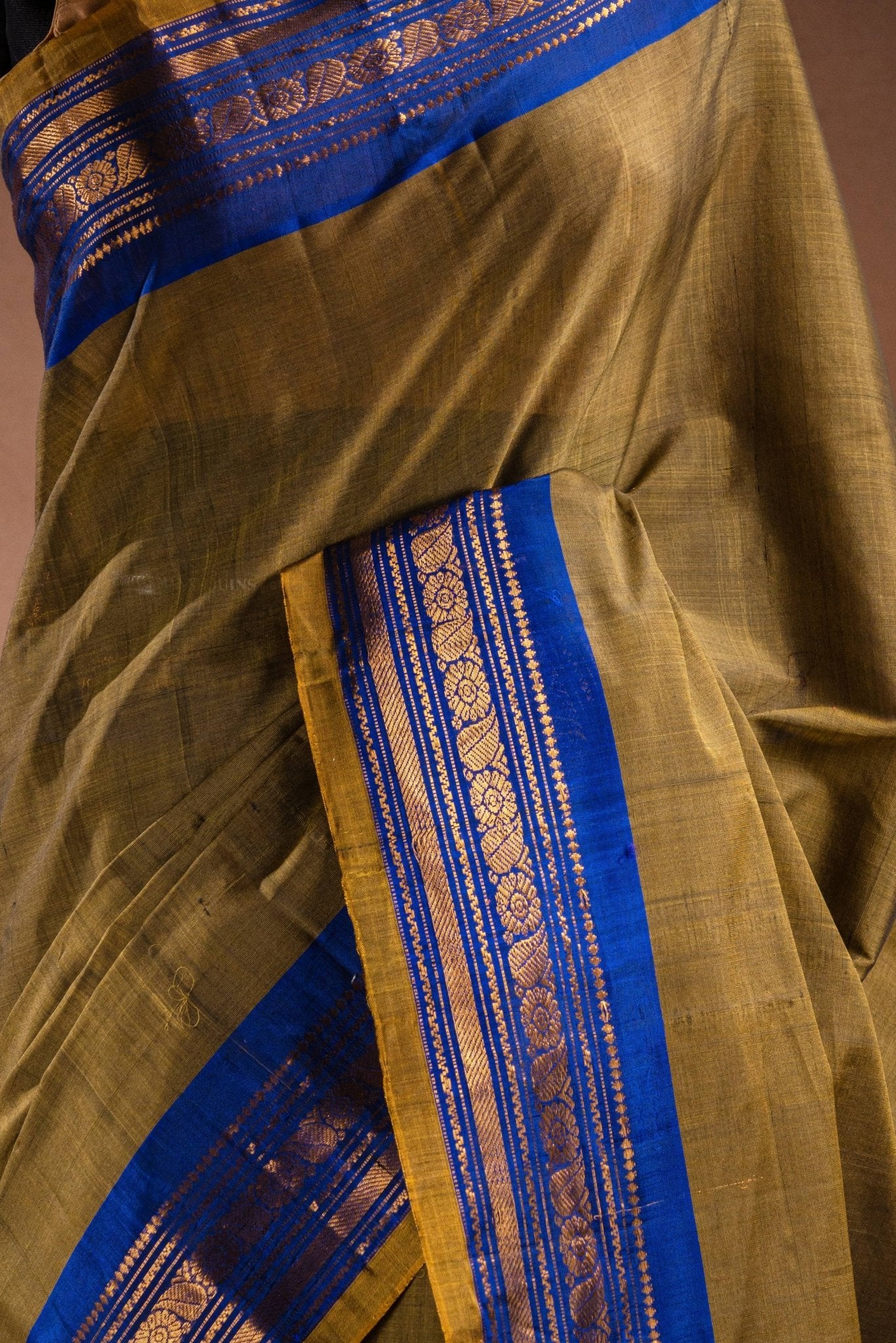 Olive Gadwal Cotton Mix Saree with Blue Border - That Saree Shop