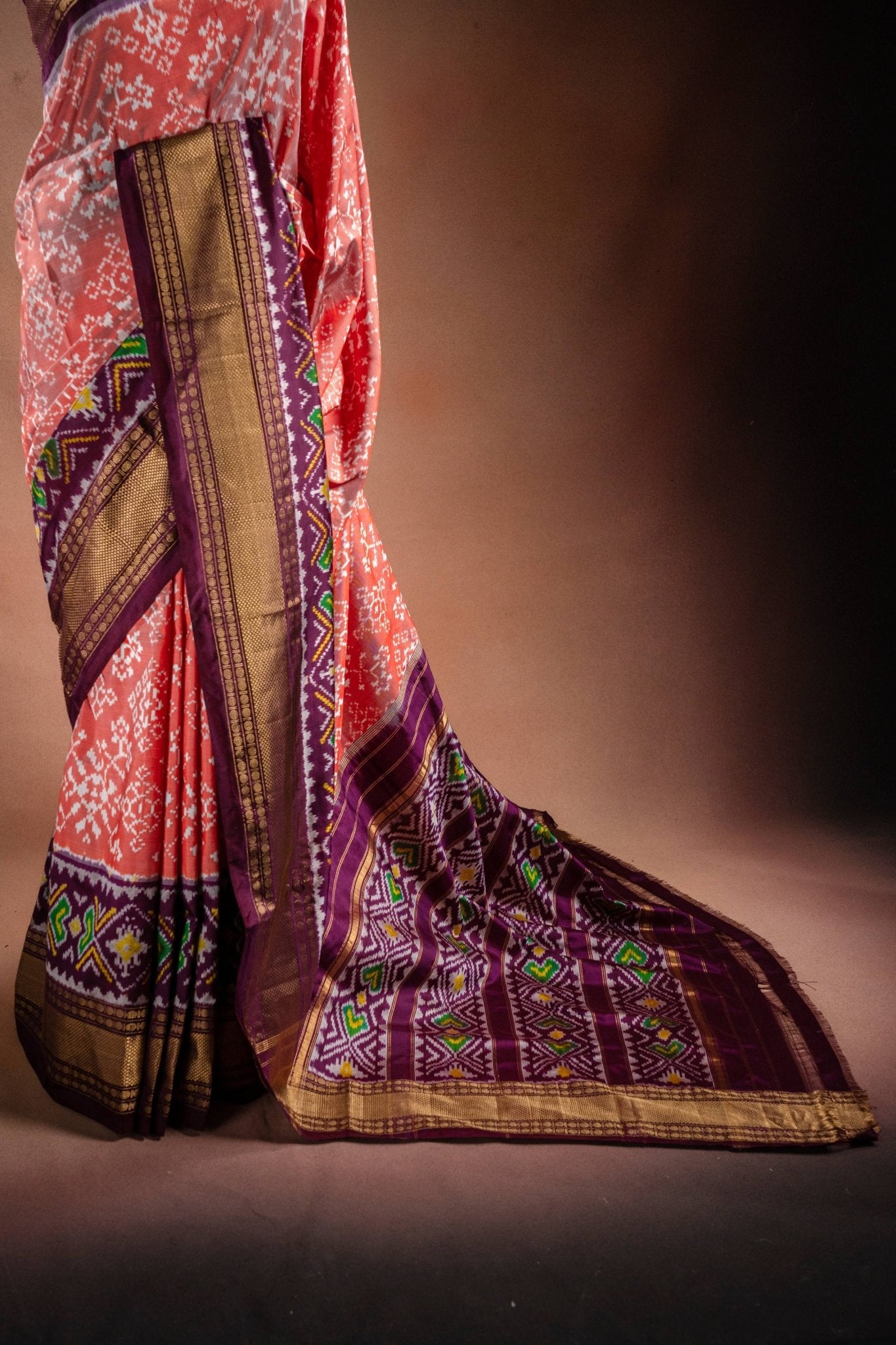 Peach Pochampally Saree with Purple Border - That Saree Shop