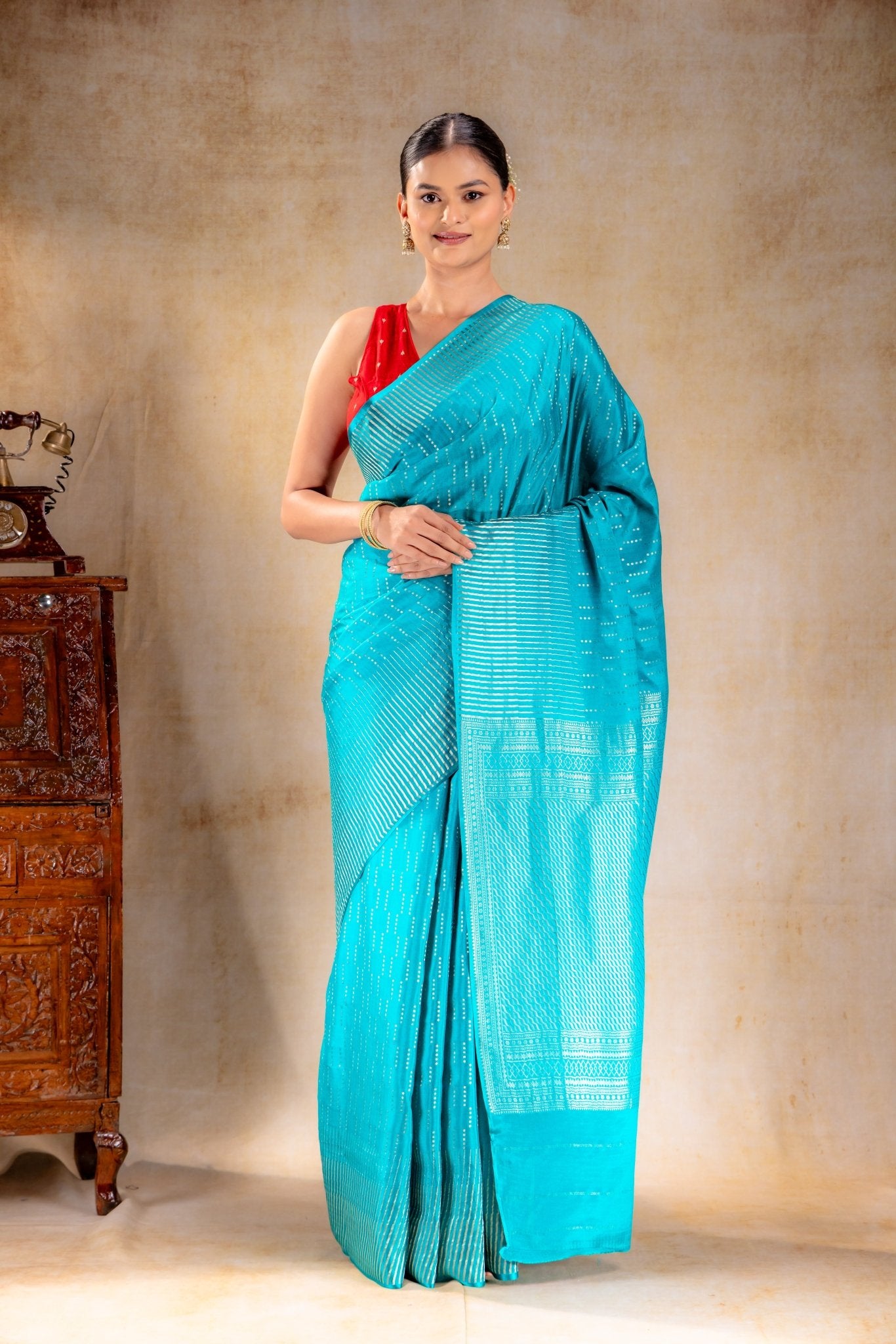 Peacock Blue Crepe Saree with Silver Vertical Buttas and Striking Zari Border - That Saree Shop
