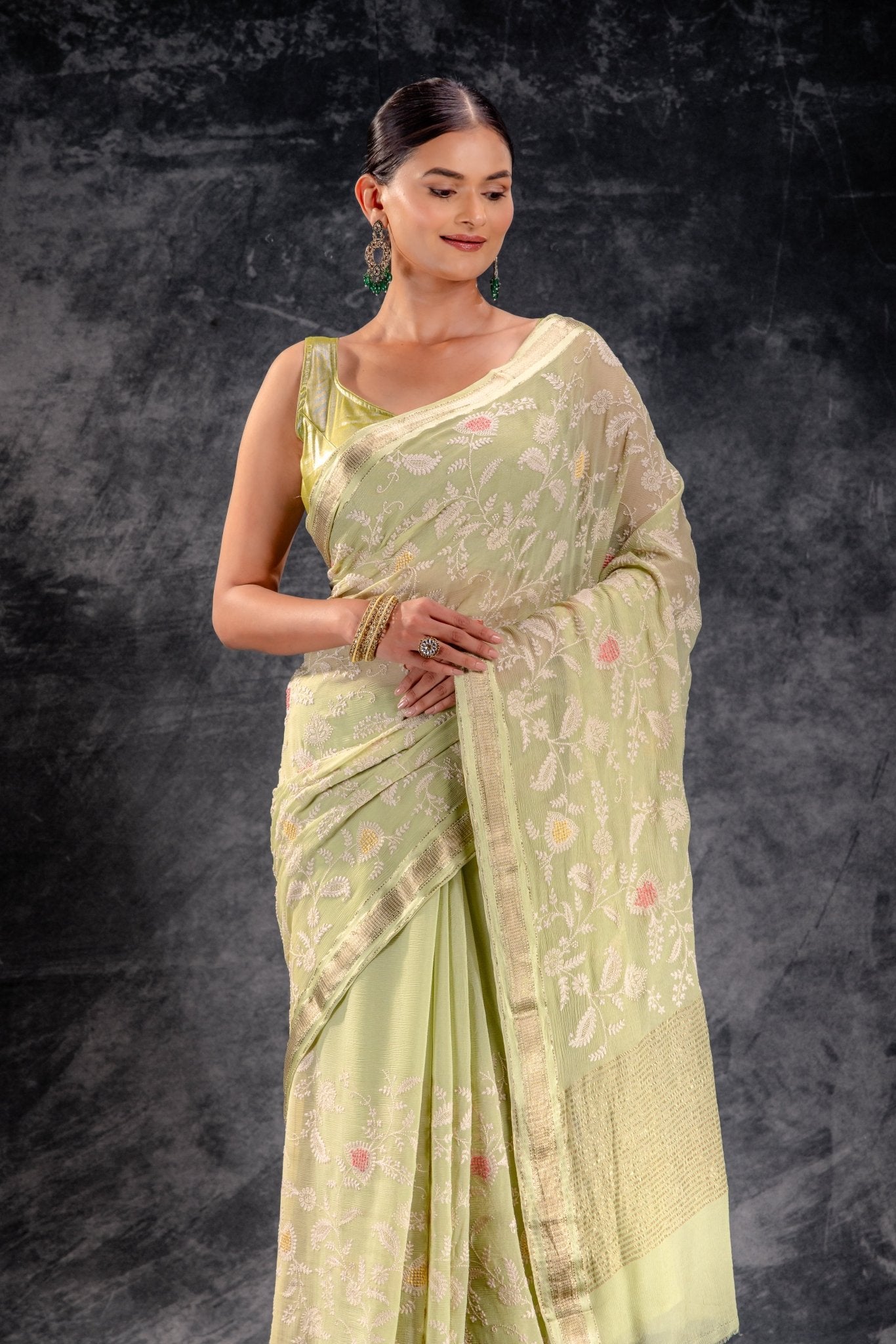 Pistachio Green Embroidered Chiffon Saree - That Saree Shop