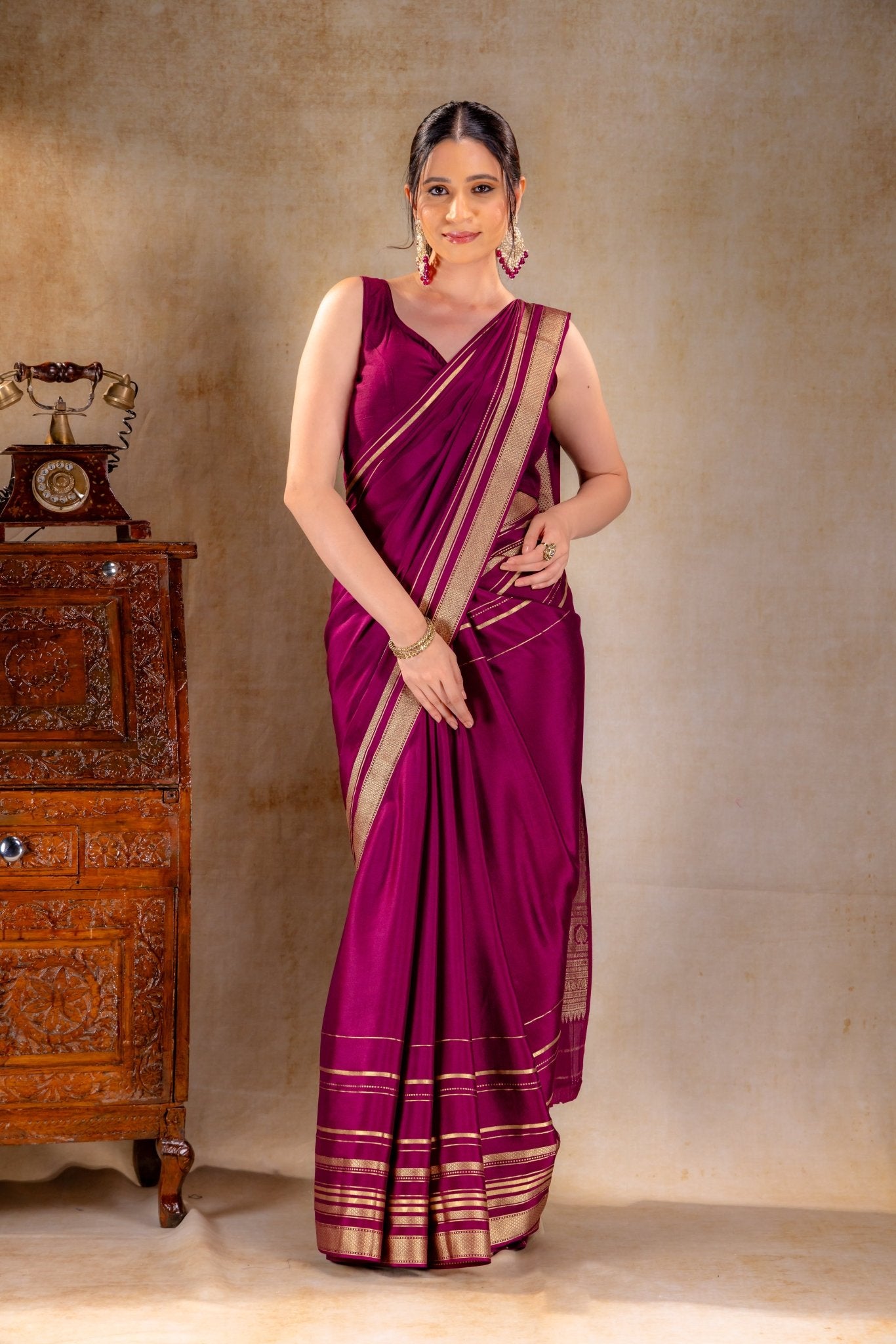 Plum Wine Crepe Saree Gold Zari Rich Border - That Saree Shop