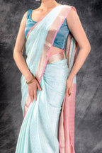 Powder Blue Crepe Silk Saree with Buttas and Diamond Weave - That Saree Shop