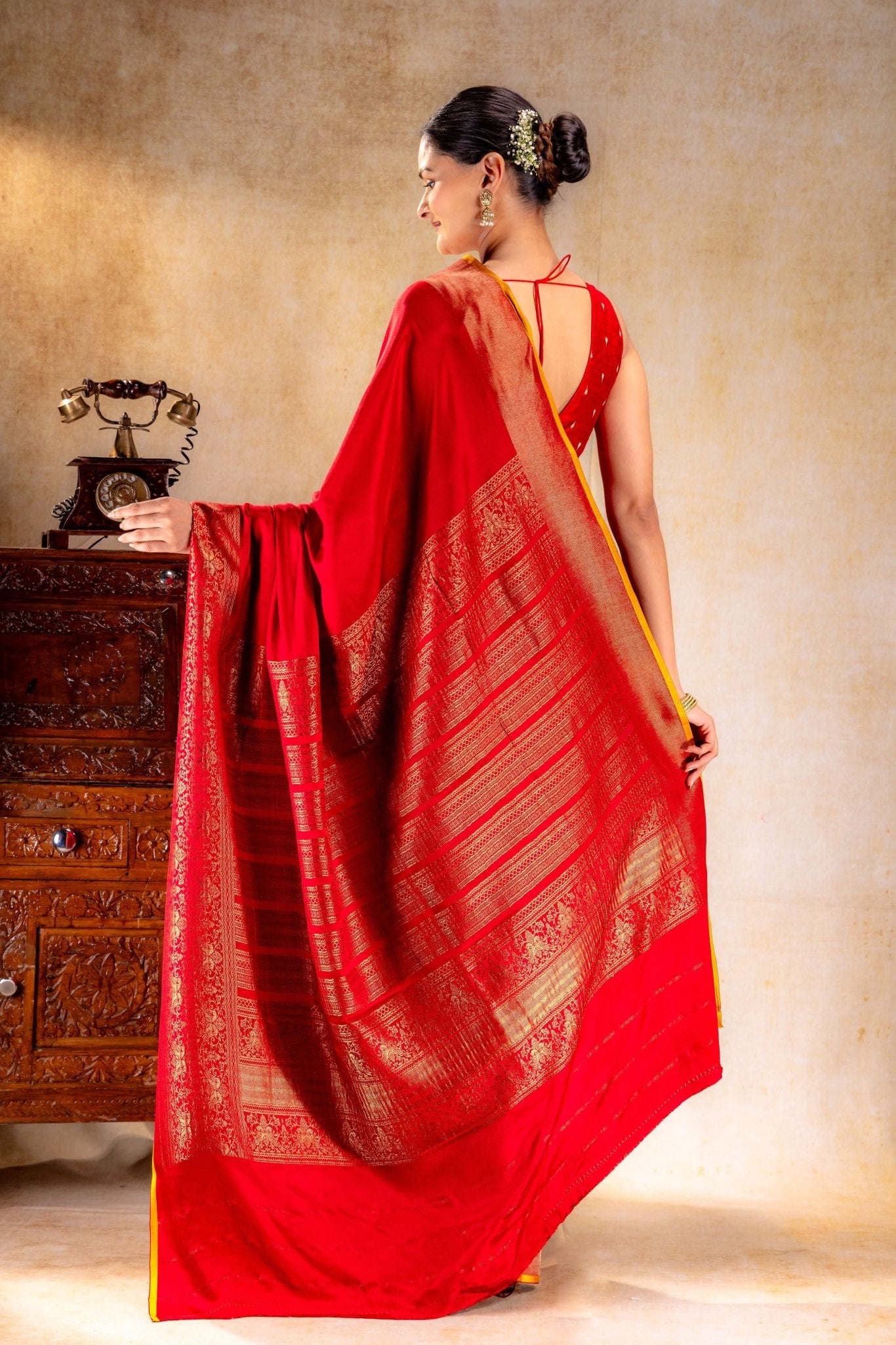 Red Crepe Silk Saree with Antique Zari Doble Peacock Border - That Saree Shop