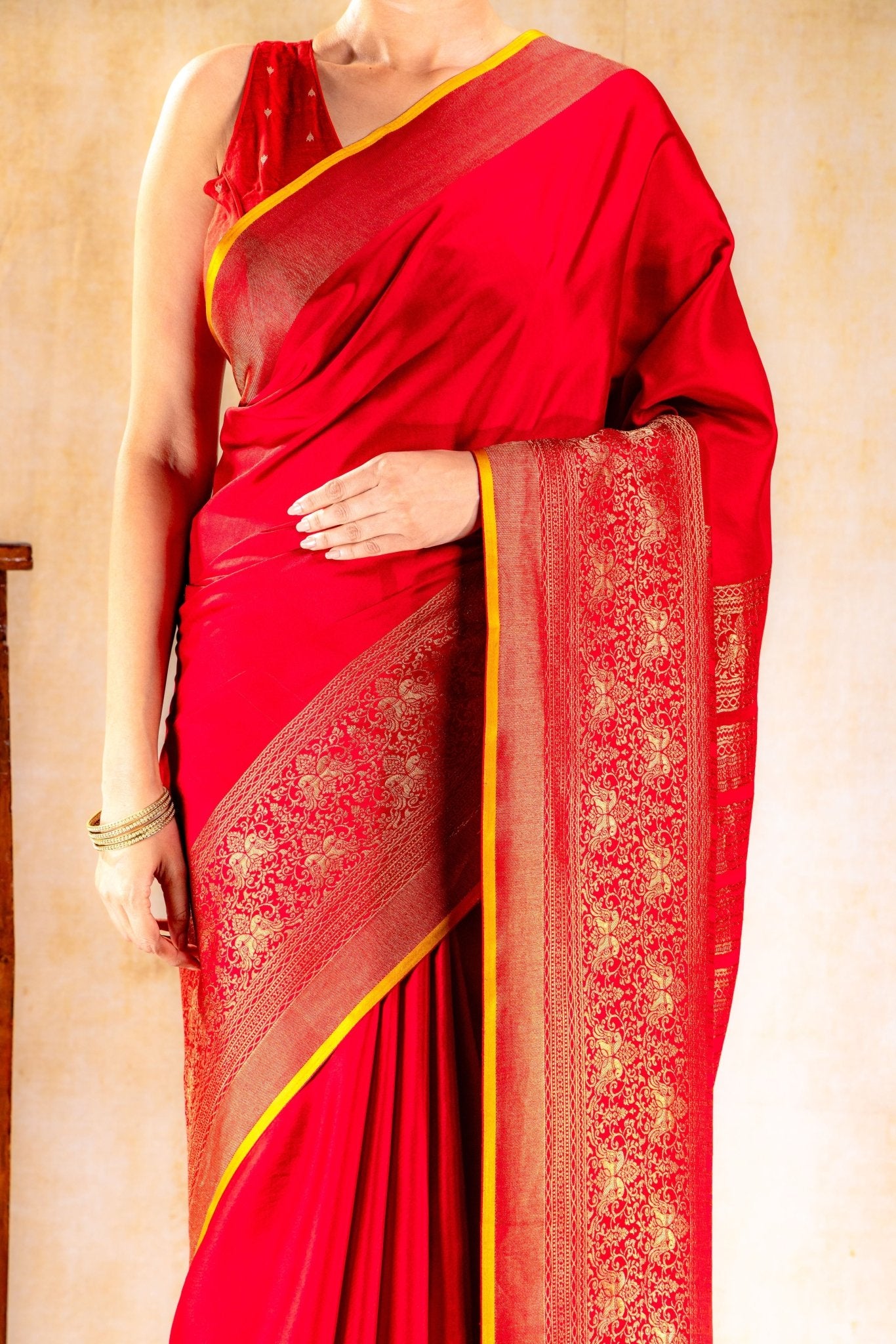 Red Crepe Silk Saree with Antique Zari Doble Peacock Border - That Saree Shop