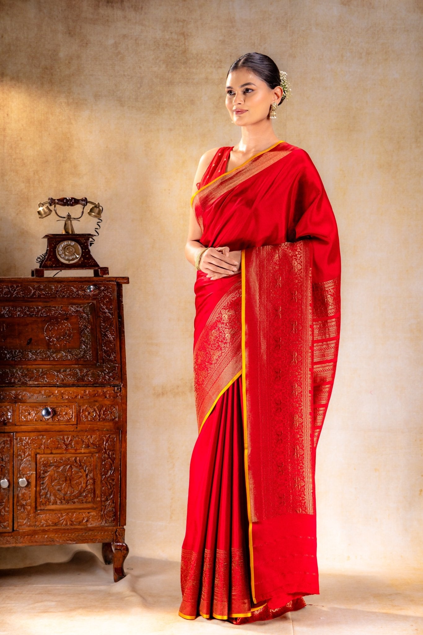 Red Crepe Silk Saree with Antique Zari Doble Peacock Border - That Saree Shop