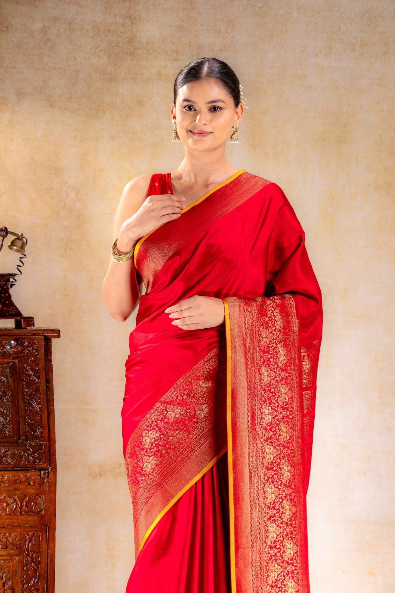 Red Crepe Silk Saree with Antique Zari Doble Peacock Border - That Saree Shop