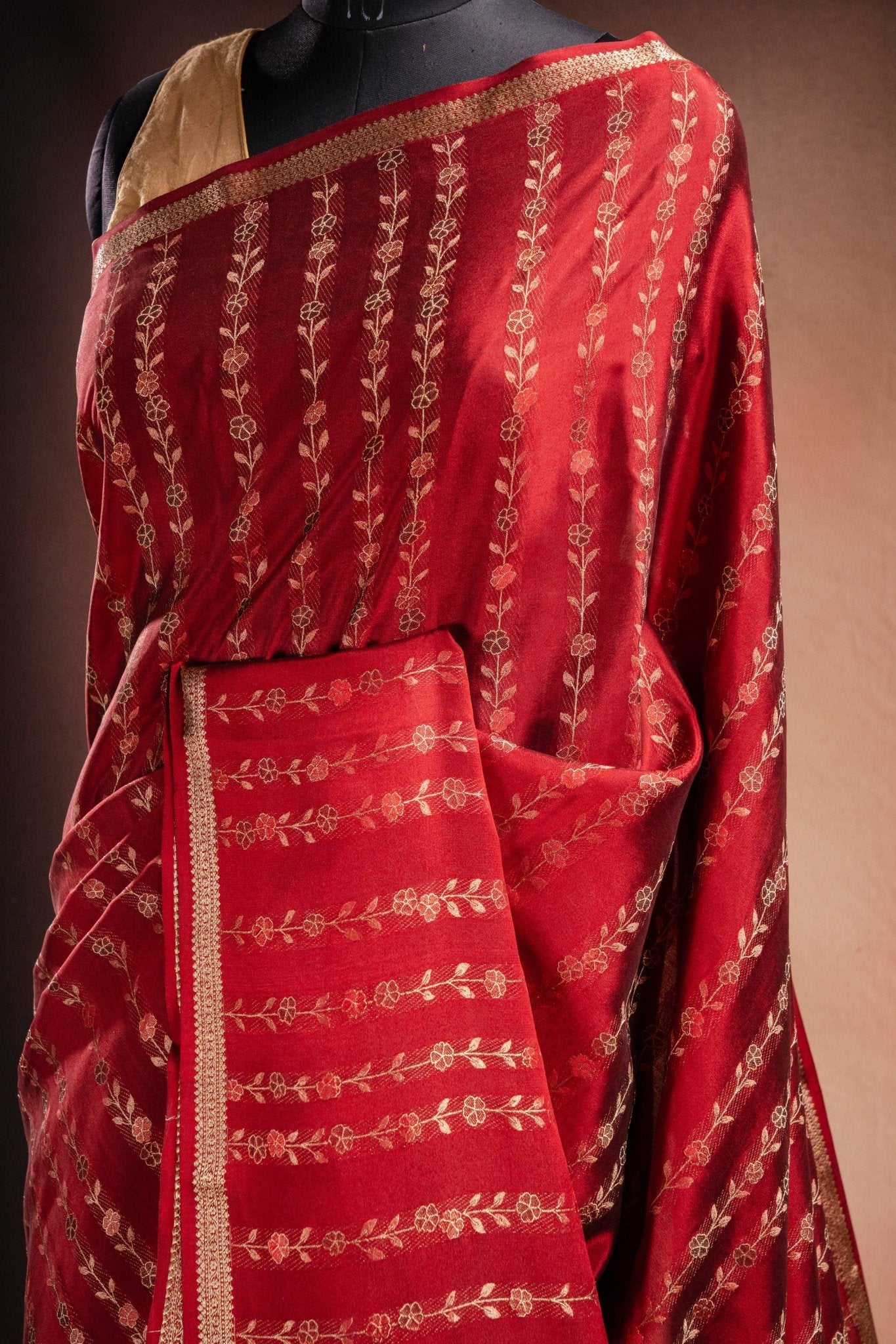 Red Crepe Silk Saree with Floral Zari Stripes - That Saree Shop