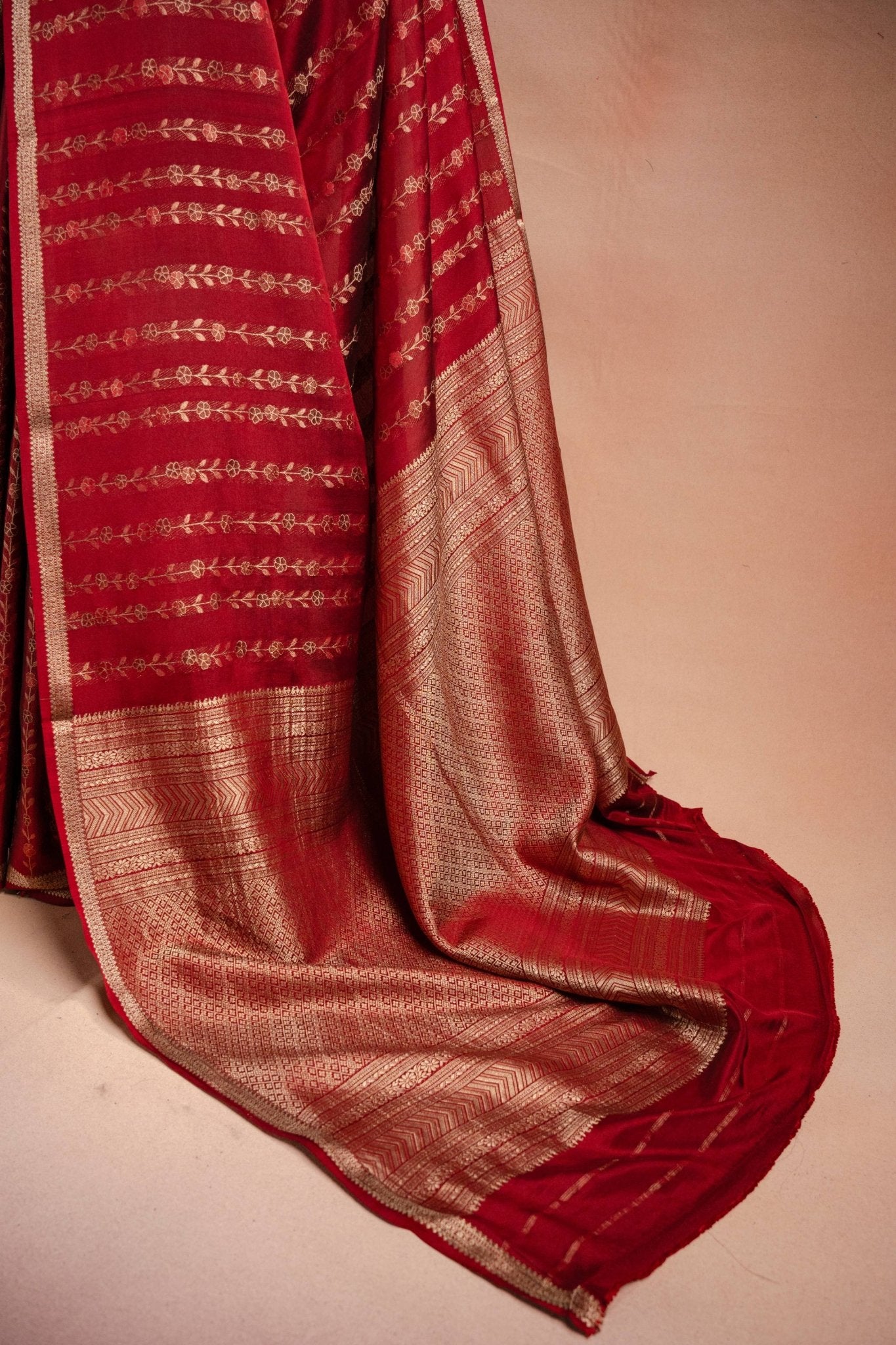 Red Crepe Silk Saree with Floral Zari Stripes - That Saree Shop