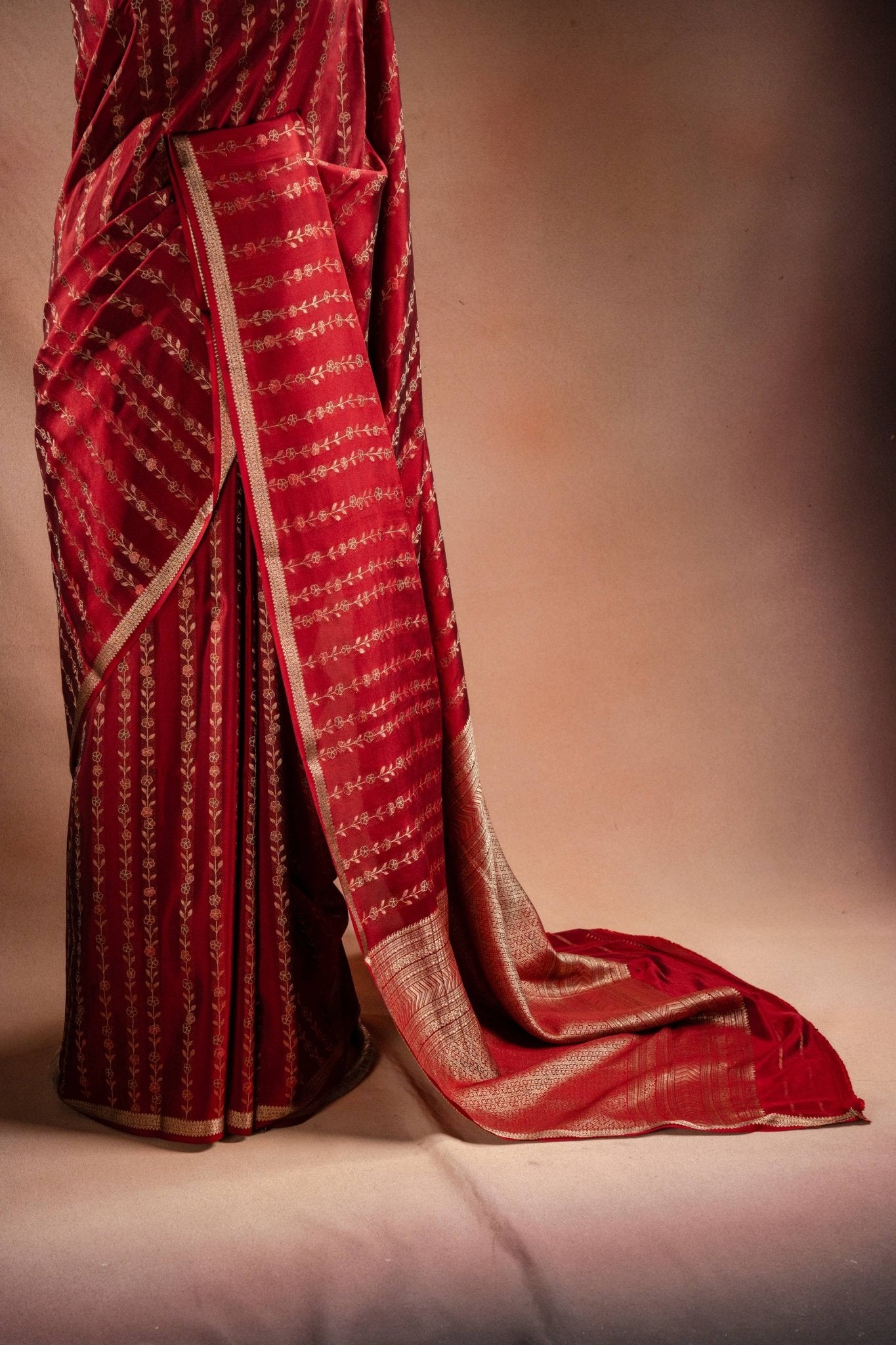 Red Crepe Silk Saree with Floral Zari Stripes - That Saree Shop
