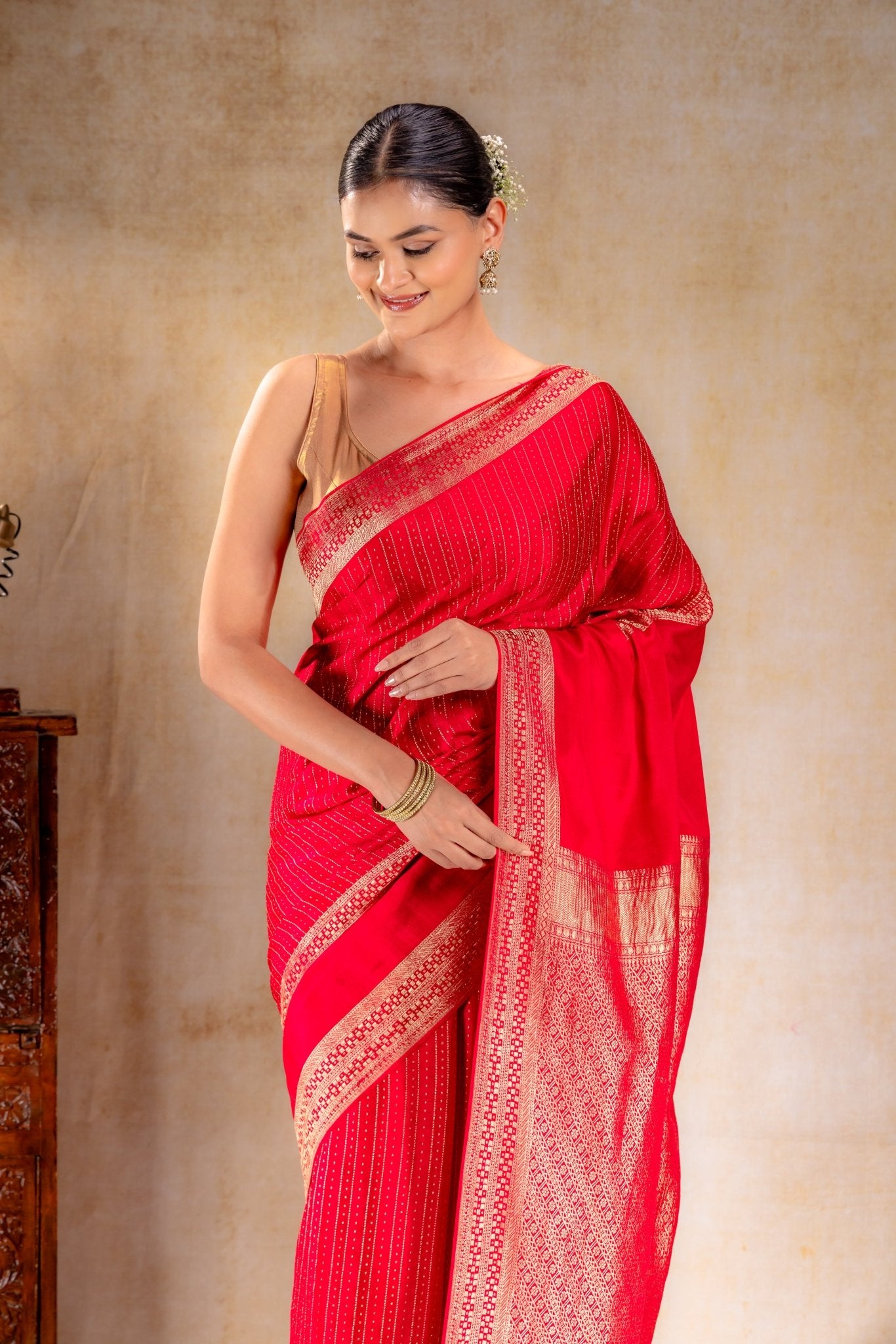 Red Pink Crepe Saree with Gold Zari Square Border & Dot - Line Motifs - That Saree Shop
