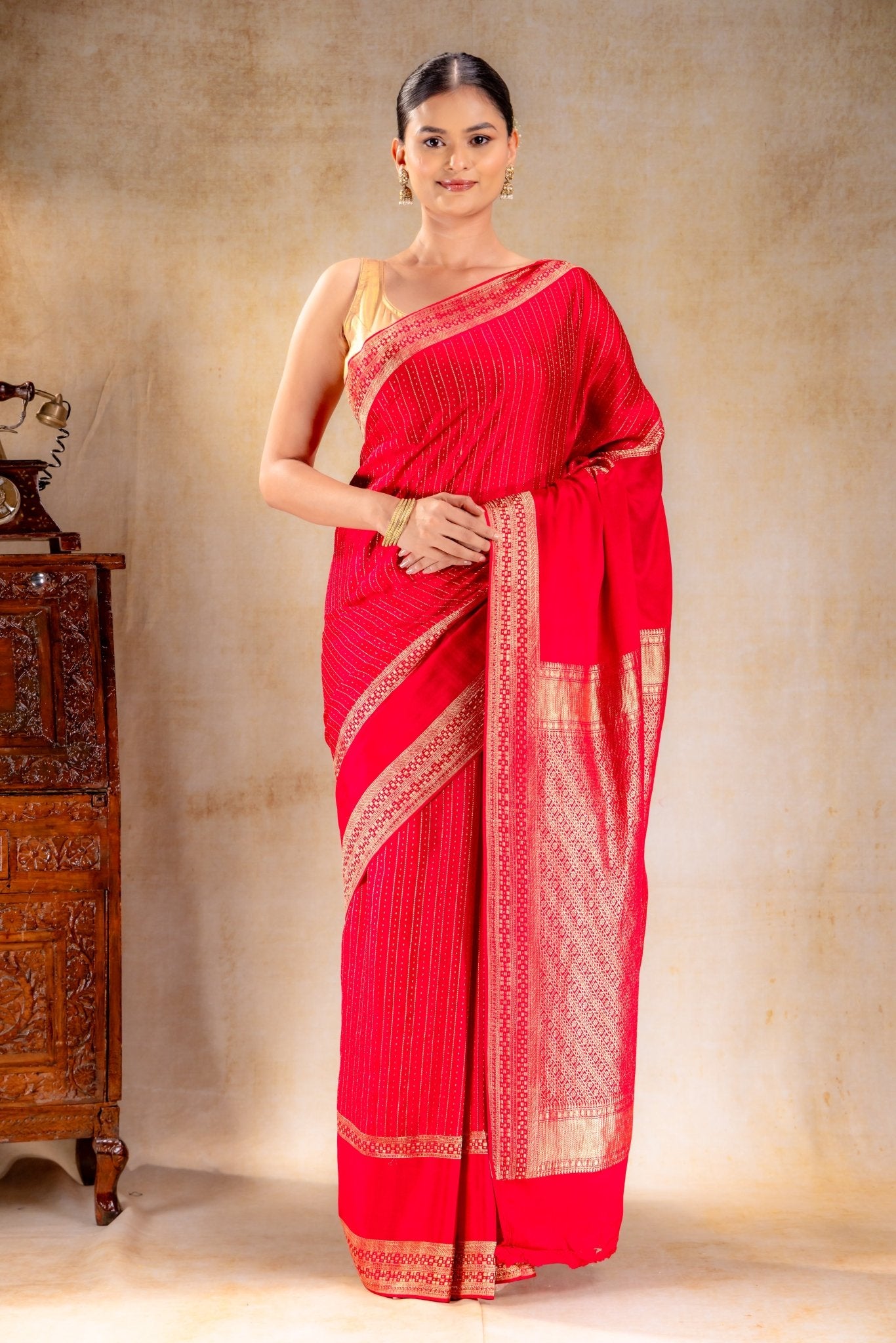 Red Pink Crepe Saree with Gold Zari Square Border & Dot - Line Motifs - That Saree Shop
