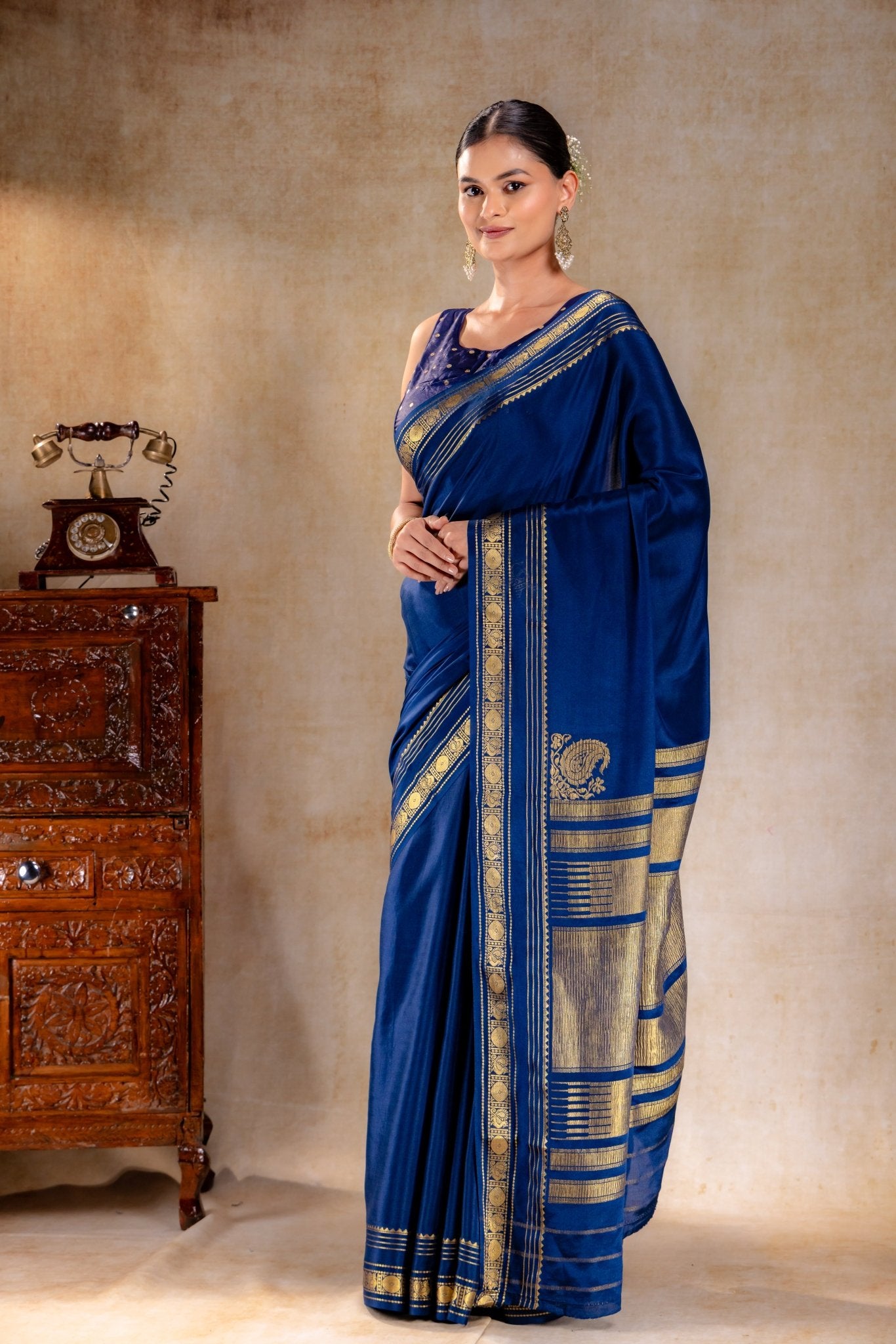 Royal Blue Crepe Saree with Gold Zari Border and Rich Pallu - That Saree Shop