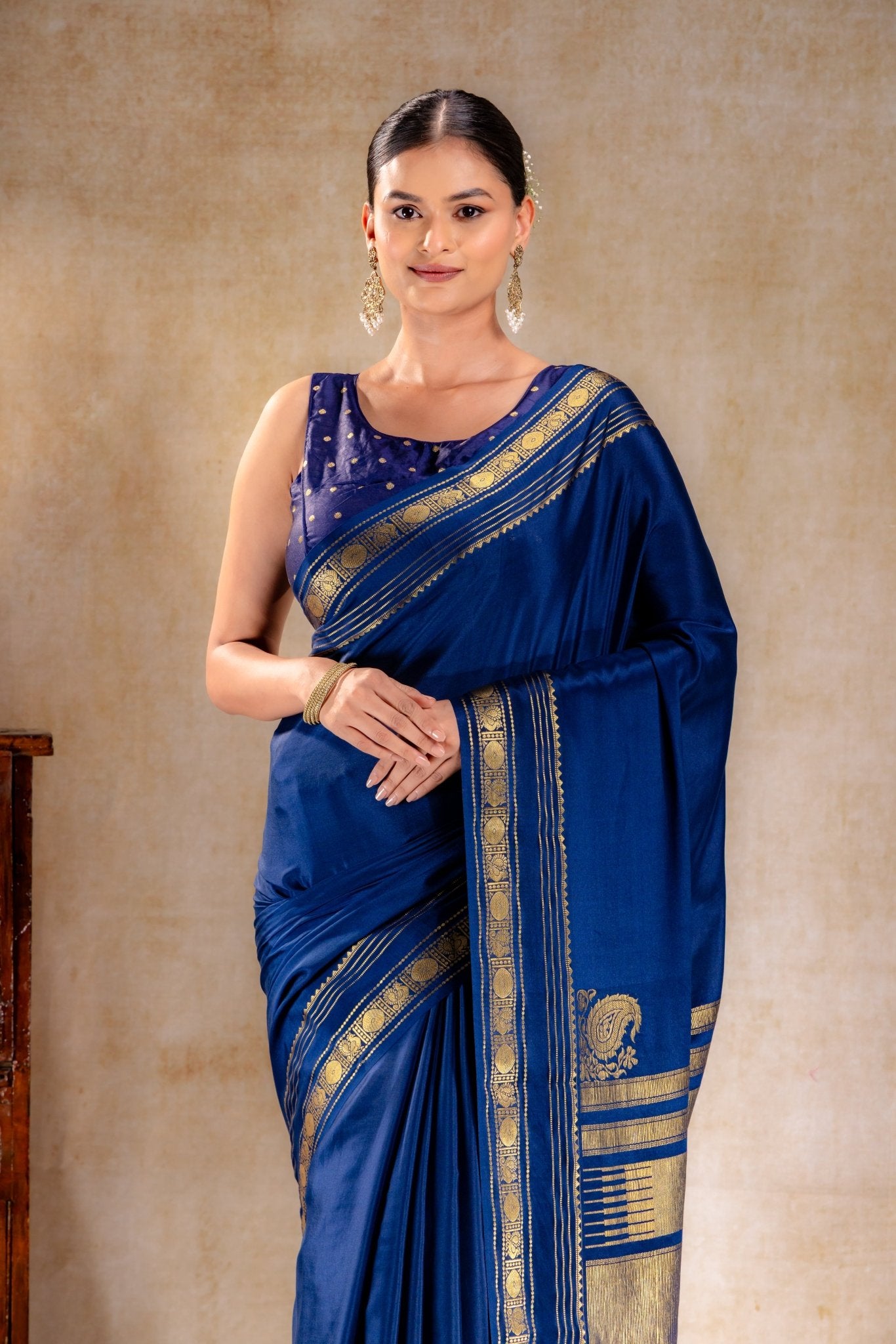 Royal Blue Crepe Saree with Gold Zari Border and Rich Pallu - That Saree Shop