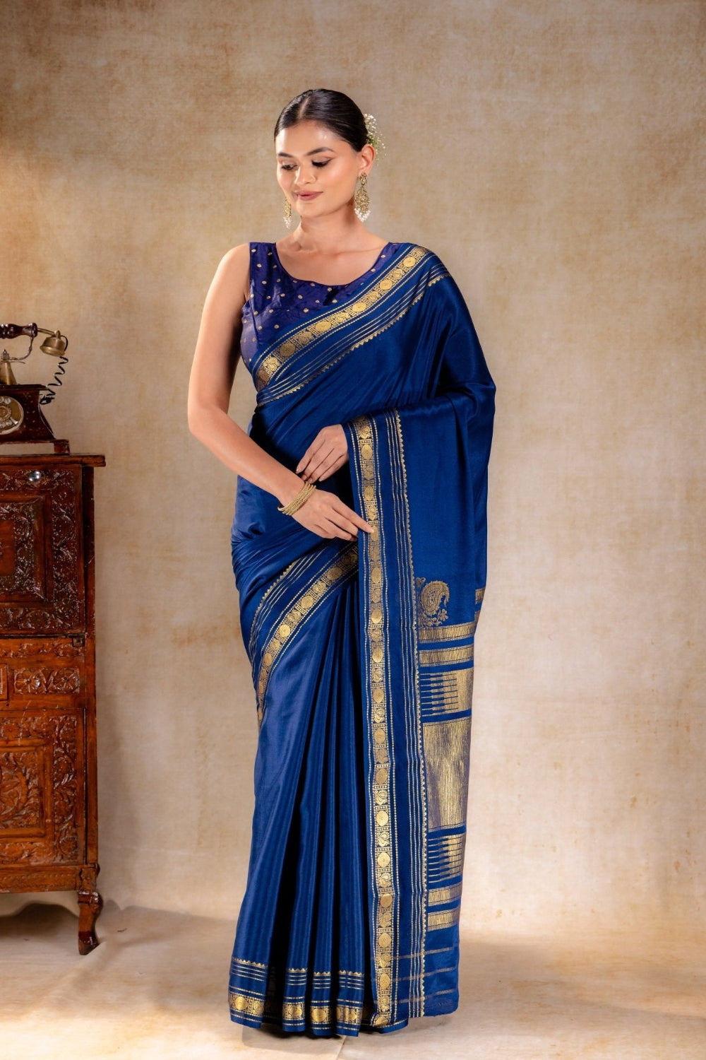 Royal Blue Crepe Saree with Gold Zari Border and Rich Pallu - That Saree Shop