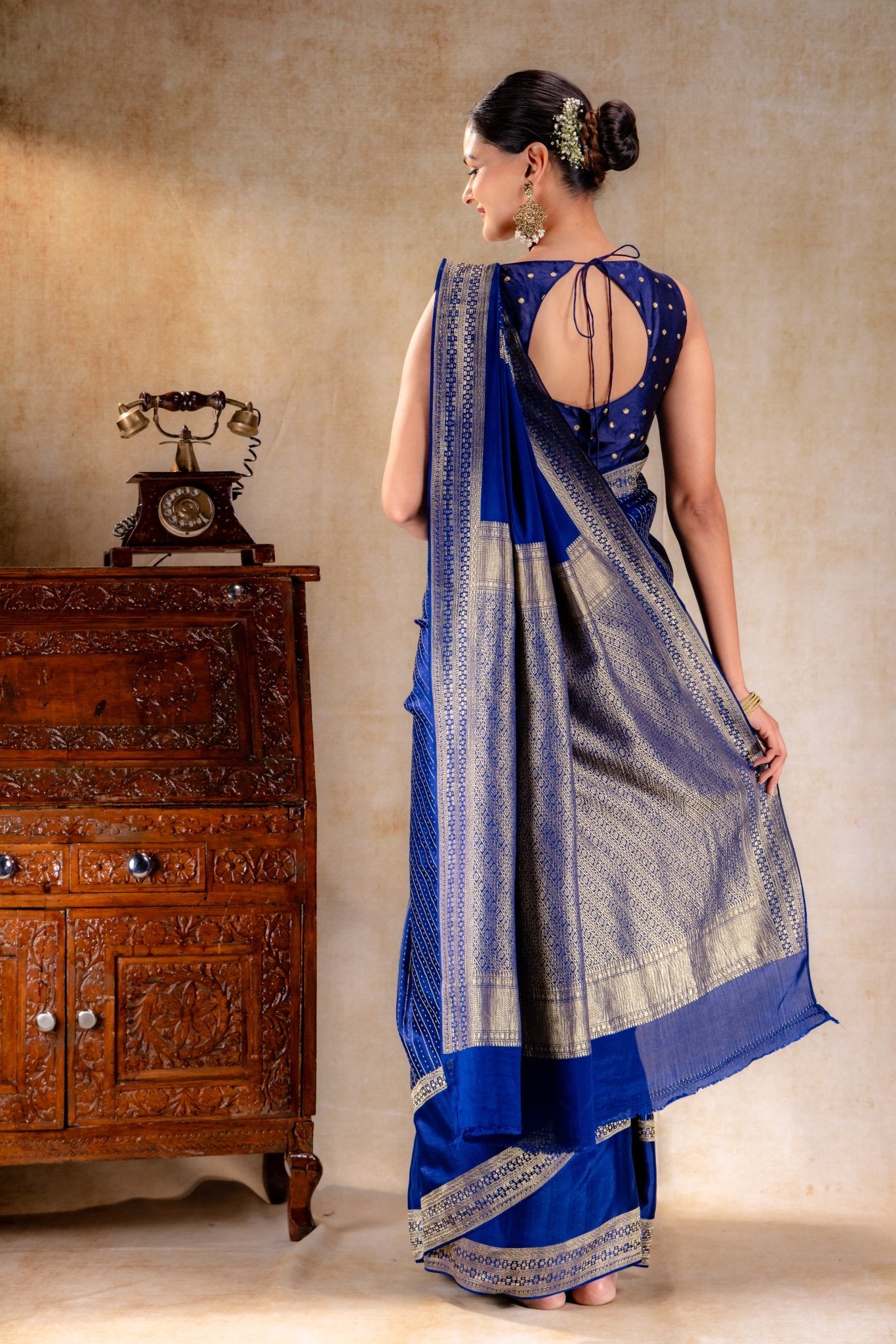 Royal Blue Crepe Saree with Gold Zari Square Border and Dot - Line Motifs - That Saree Shop