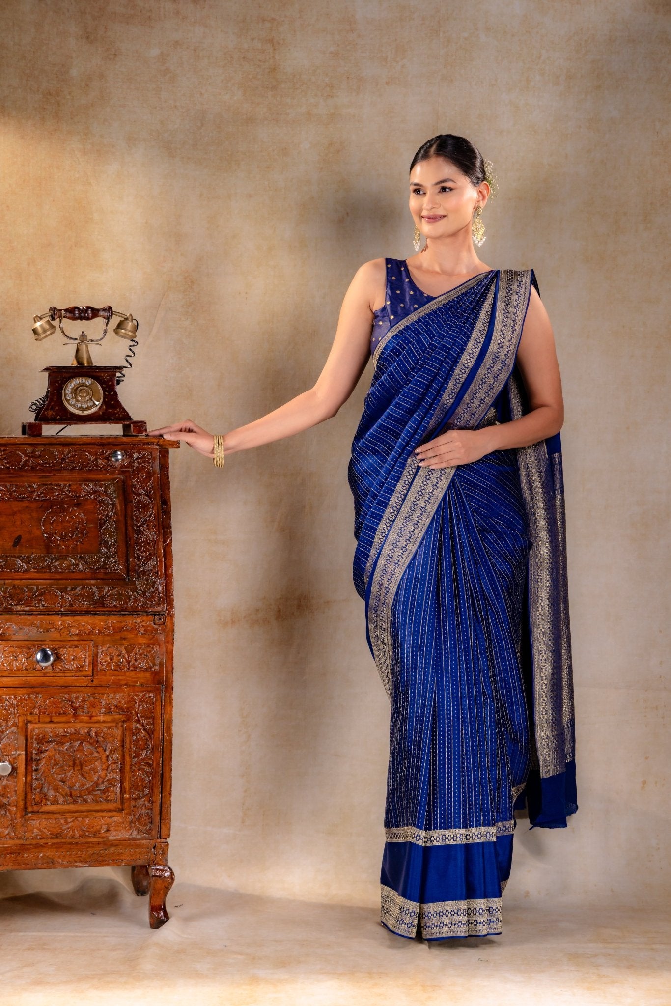 Royal Blue Crepe Saree with Gold Zari Square Border and Dot - Line Motifs - That Saree Shop