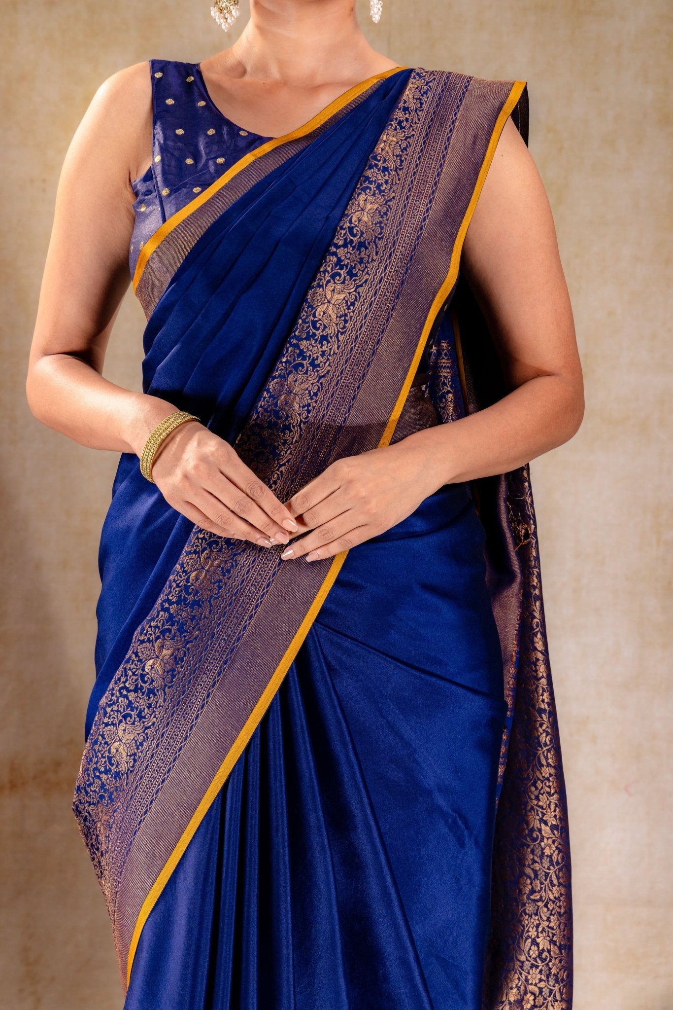 Royal Blue Crepe Silk Saree with Antique Zari Double Peacock Border - That Saree Shop