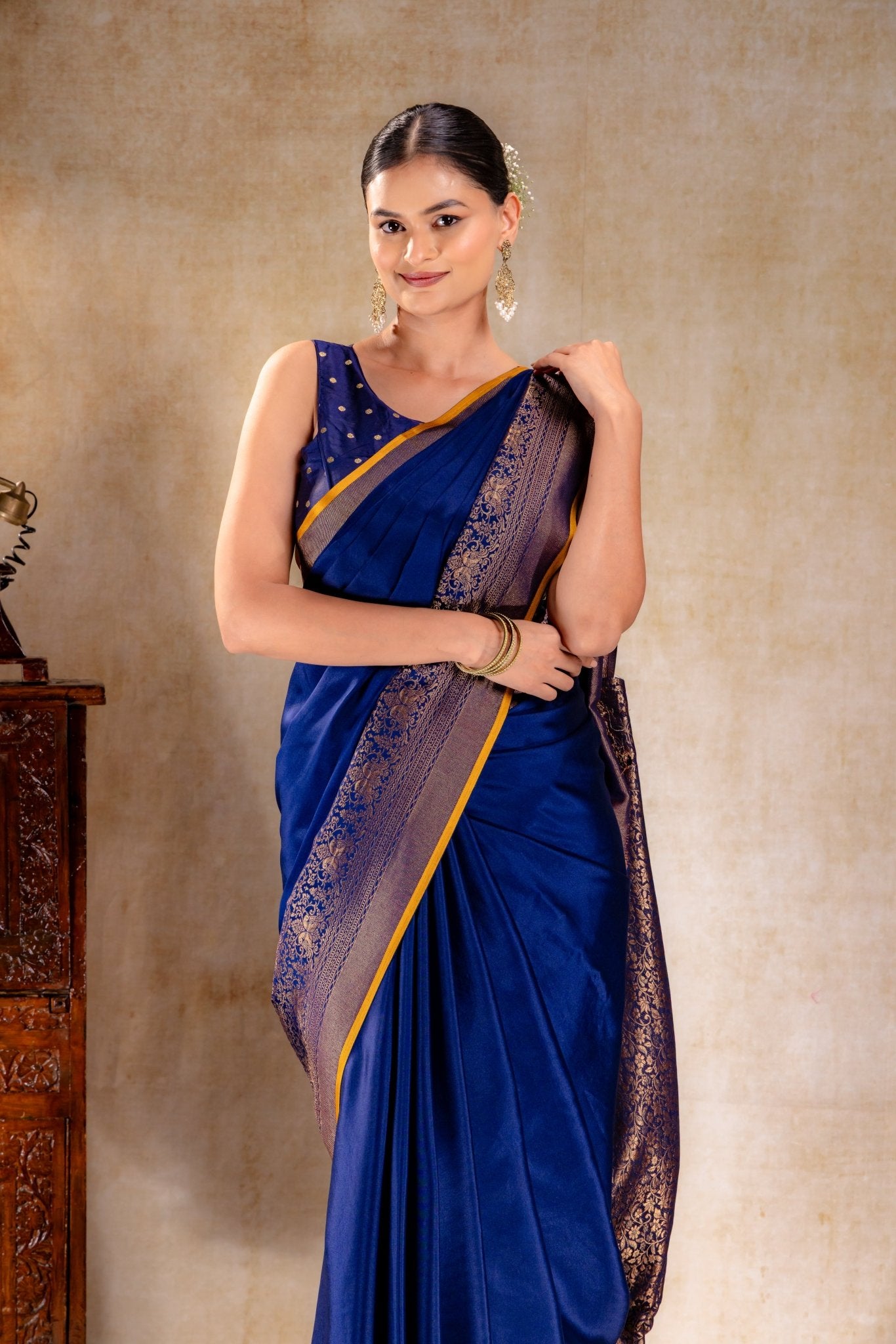 Royal Blue Crepe Silk Saree with Antique Zari Double Peacock Border - That Saree Shop