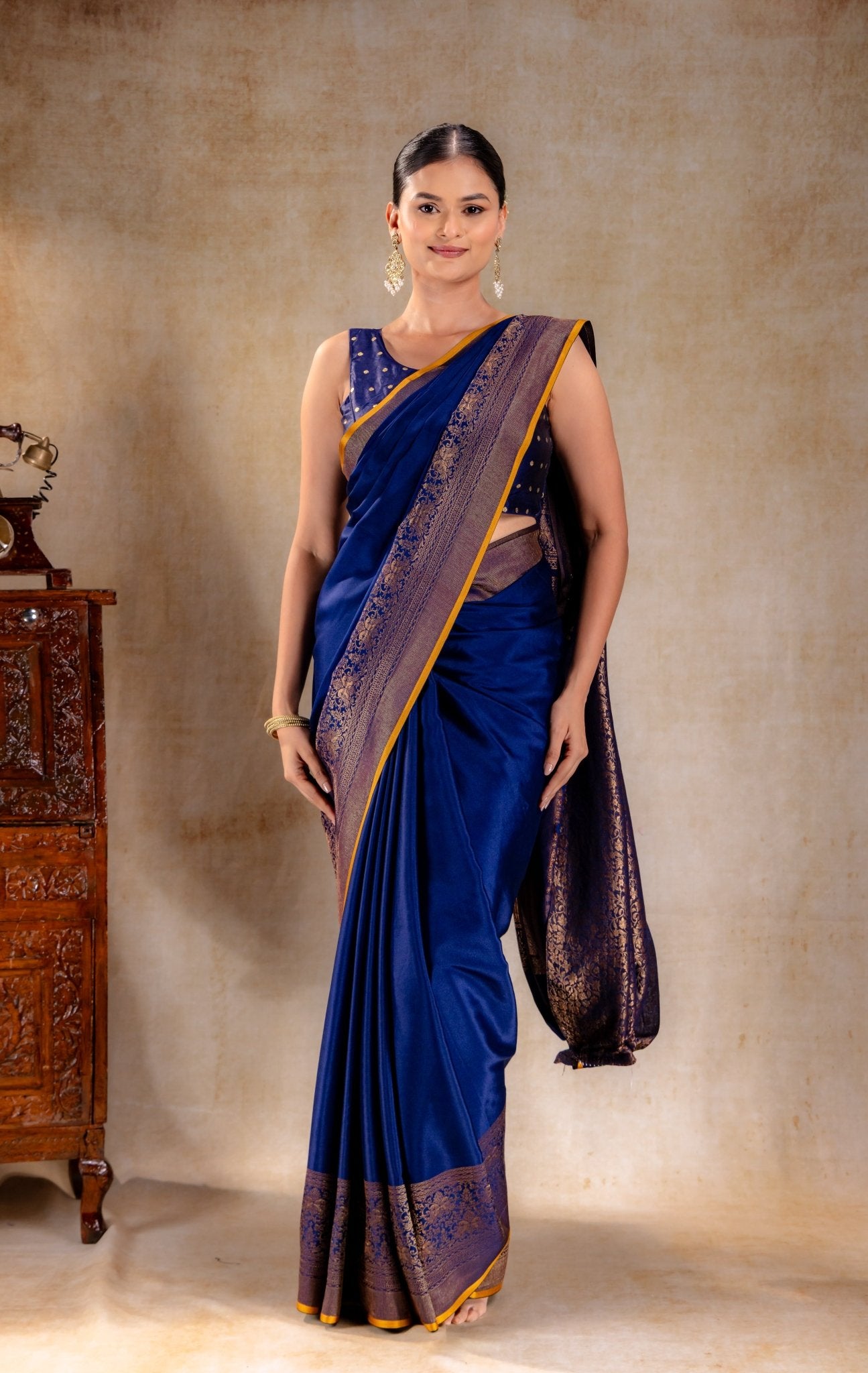 Royal Blue Crepe Silk Saree with Antique Zari Double Peacock Border - That Saree Shop