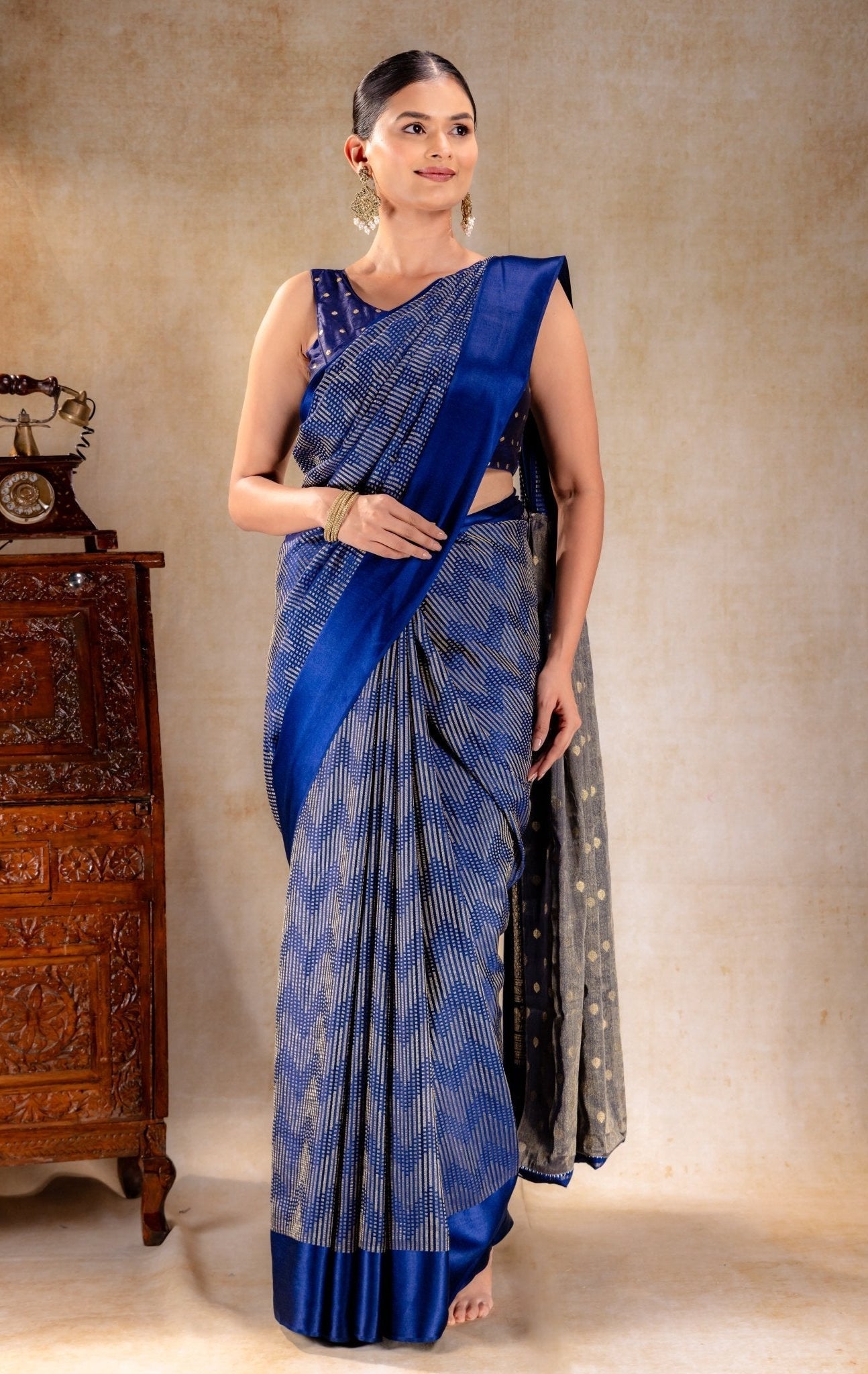 Royal Blue Crepe Silk Saree with Metallic ZigZag Weave and Satin Border - That Saree Shop
