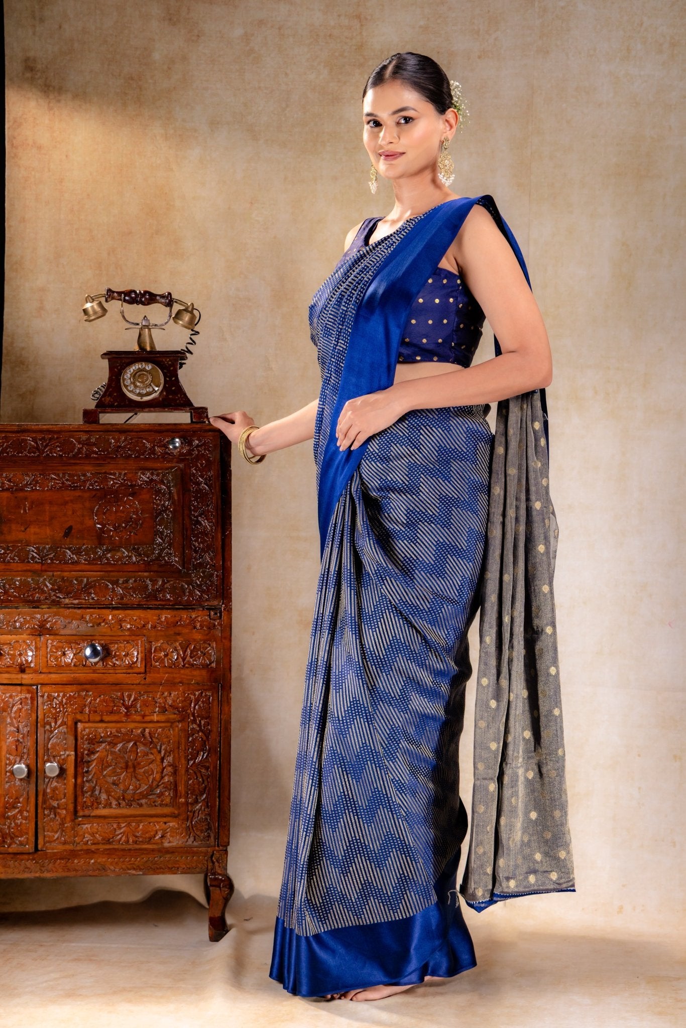 Royal Blue Crepe Silk Saree with Metallic ZigZag Weave and Satin Border - That Saree Shop