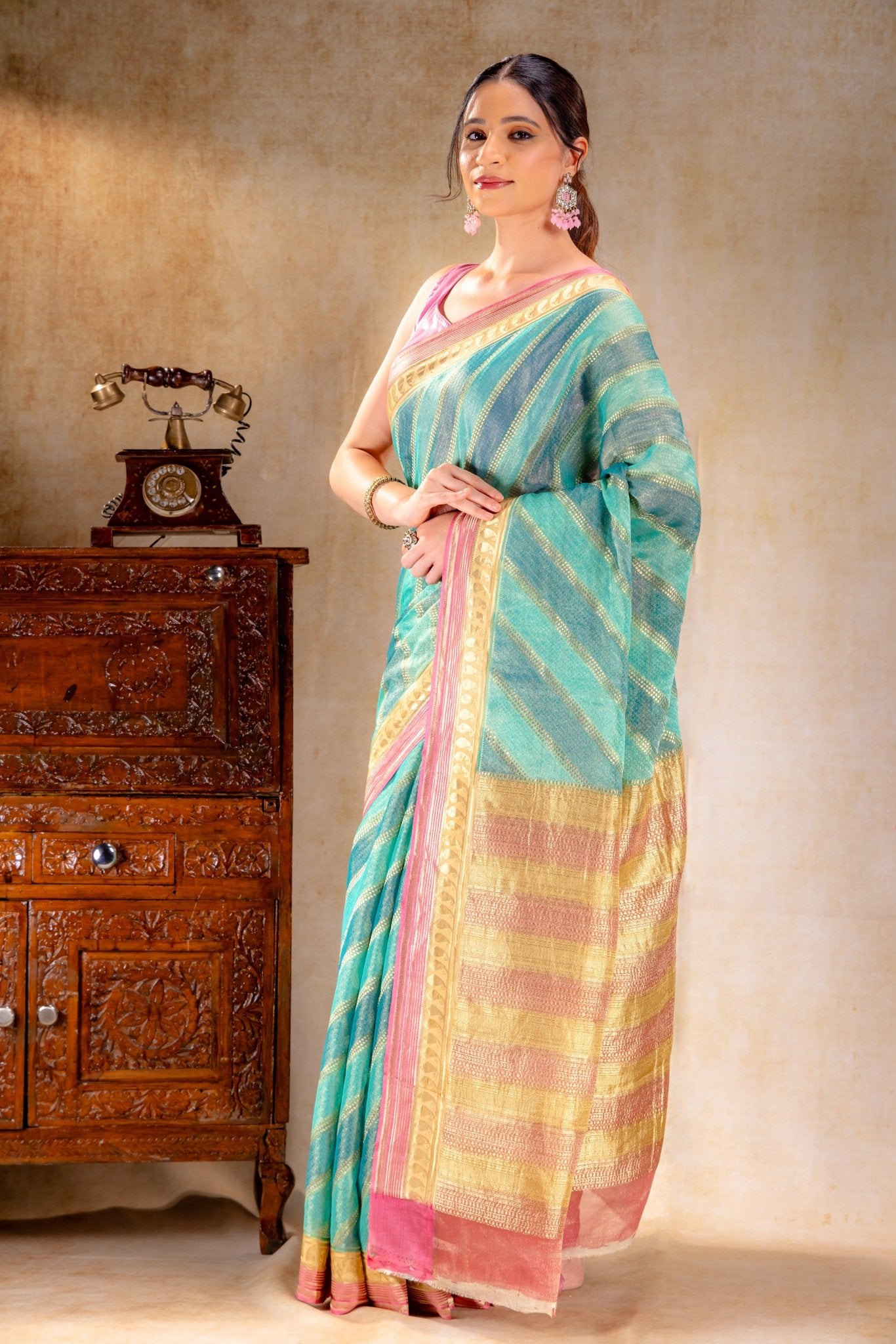Teal Green Tissue Saree with Mango Motif and Contrasting Zari Lines - That Saree Shop