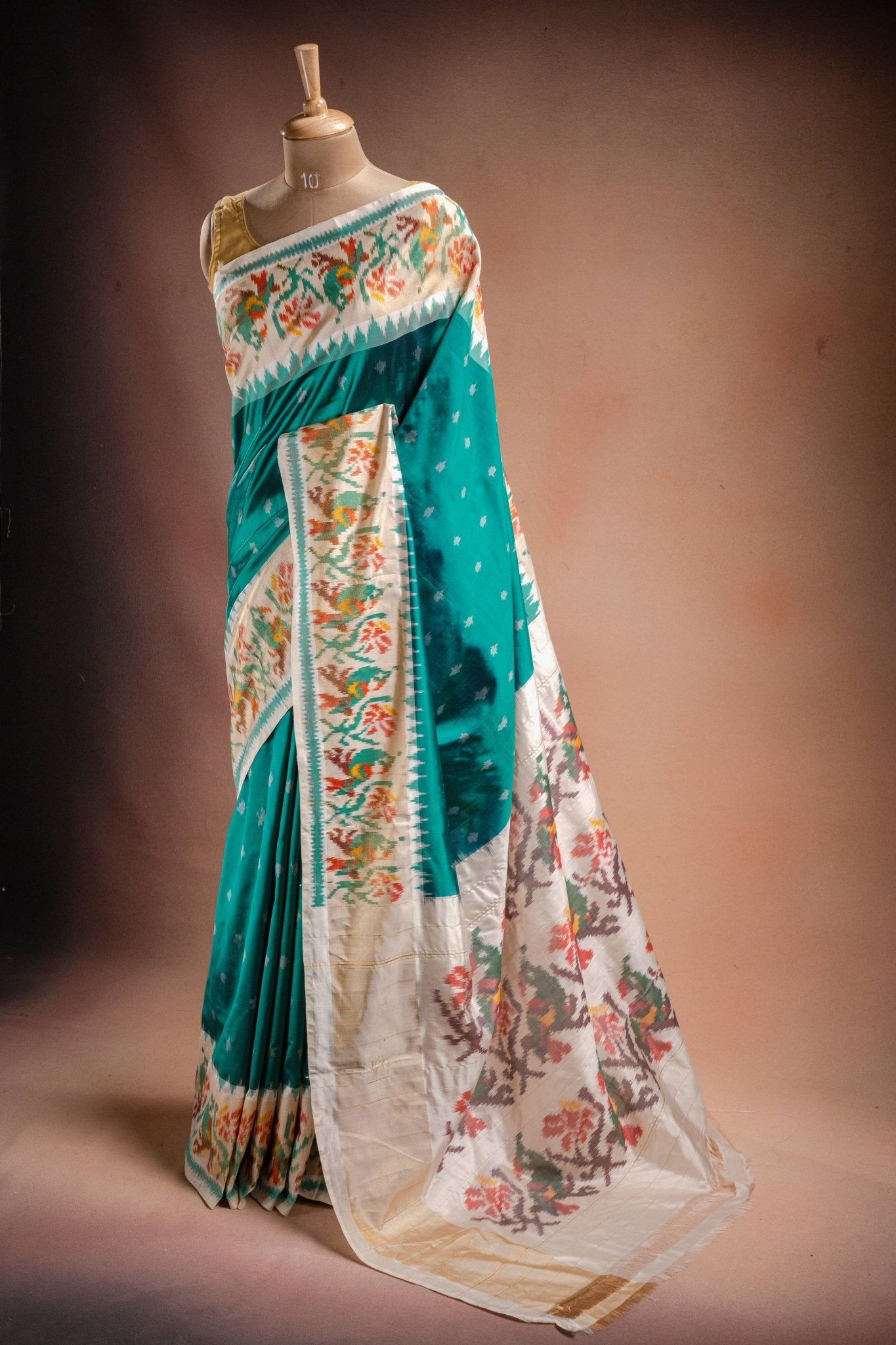 Teal Pochampally Saree with White Border - That Saree Shop