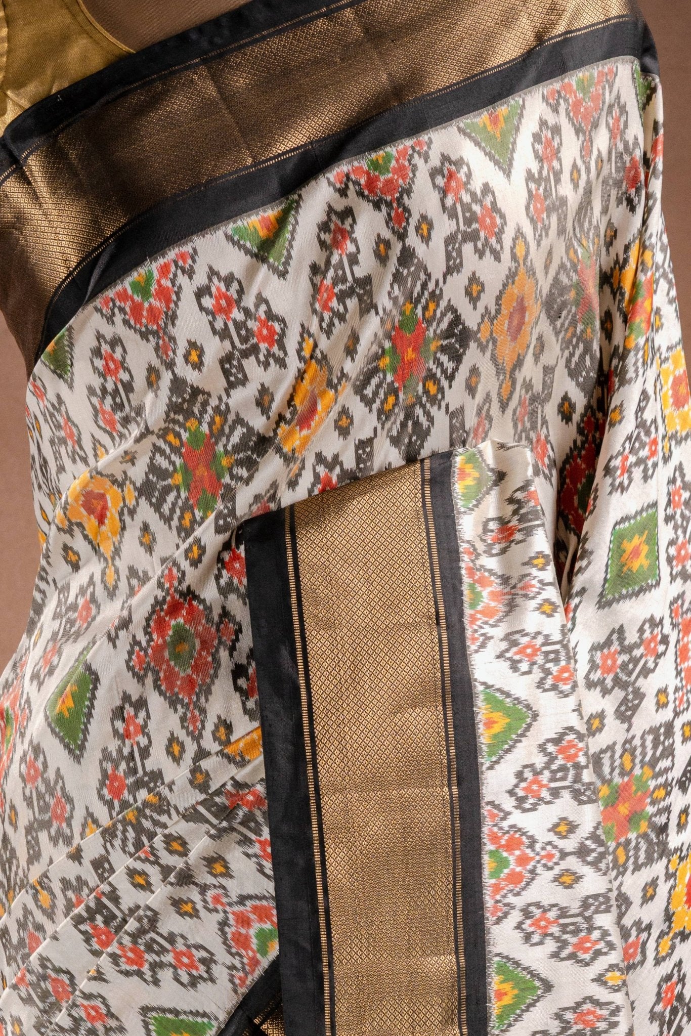 White Pochampally Saree with Black Border - That Saree Shop