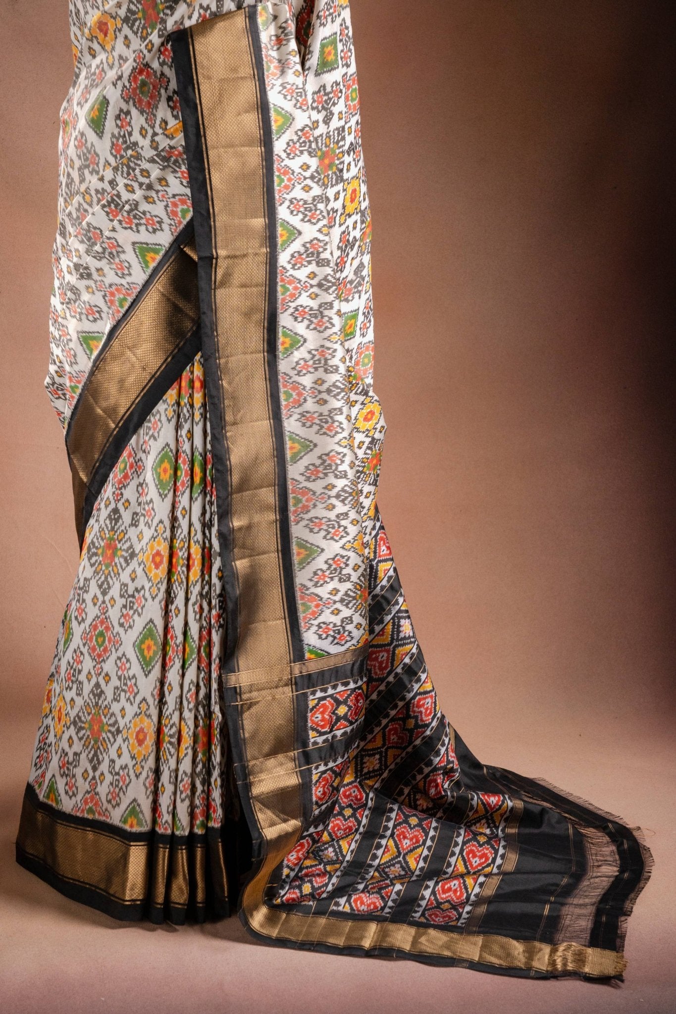 White Pochampally Saree with Black Border - That Saree Shop