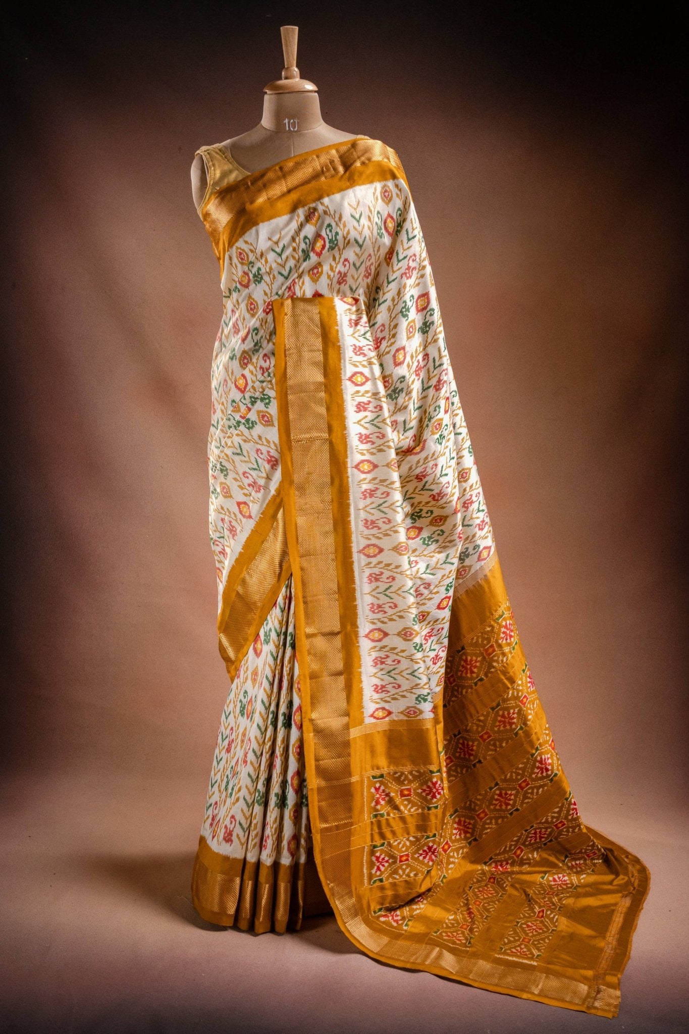 White Pochampally Saree with Mustard Border - That Saree Shop